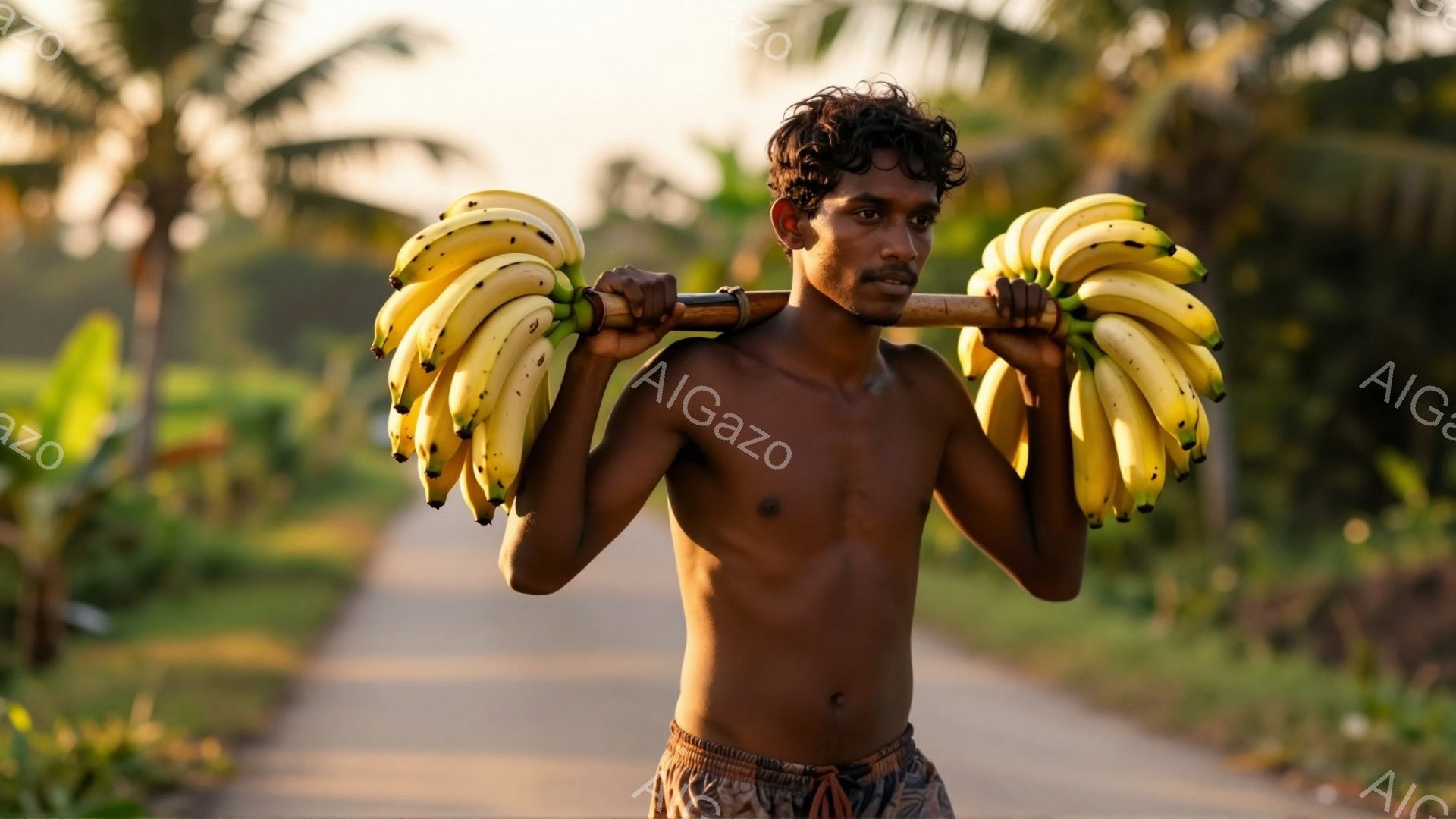 日焼けした肌の男性が、肩に棒を担ぎ、大量のバナナを積んで道路を歩いている。彼は下半身に鮮やかな模様のショーツを着用し、巻き毛の髪型をしている。背景には緑豊かな植物が生い茂り、日没時の柔らかい光が道路を照らしており、穏やかで牧歌的な雰囲気を醸し出している。