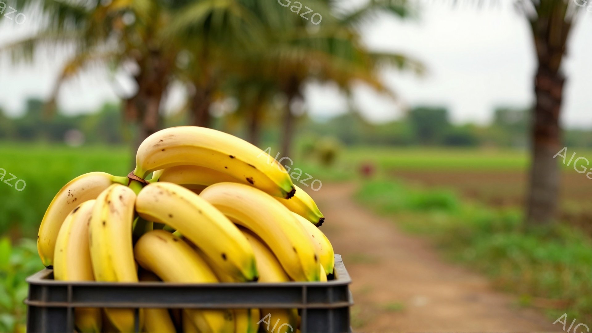 熟したバナナが黒いプラスチックの箱に山積みになっています。背景には土道が伸びており、緑豊かな植物やヤシの木々がぼやけて見えます。全体的に暖かく、トロピカルな雰囲気で、収穫されたばかりの新鮮さを感じさせます。