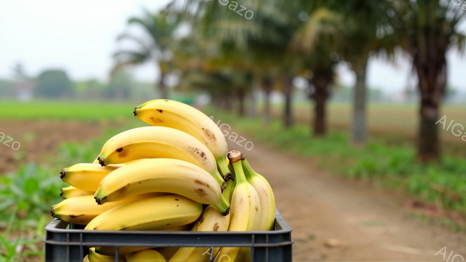 鮮やかな黄色のバナナが黒いプラスチックの箱にぎっしりと詰まっています。背景には土道が伸び、両側にヤシの木が並び、緑豊かな自然が広がっています。全体的に明るく、農園の収穫の喜びを感じさせる雰囲気です。