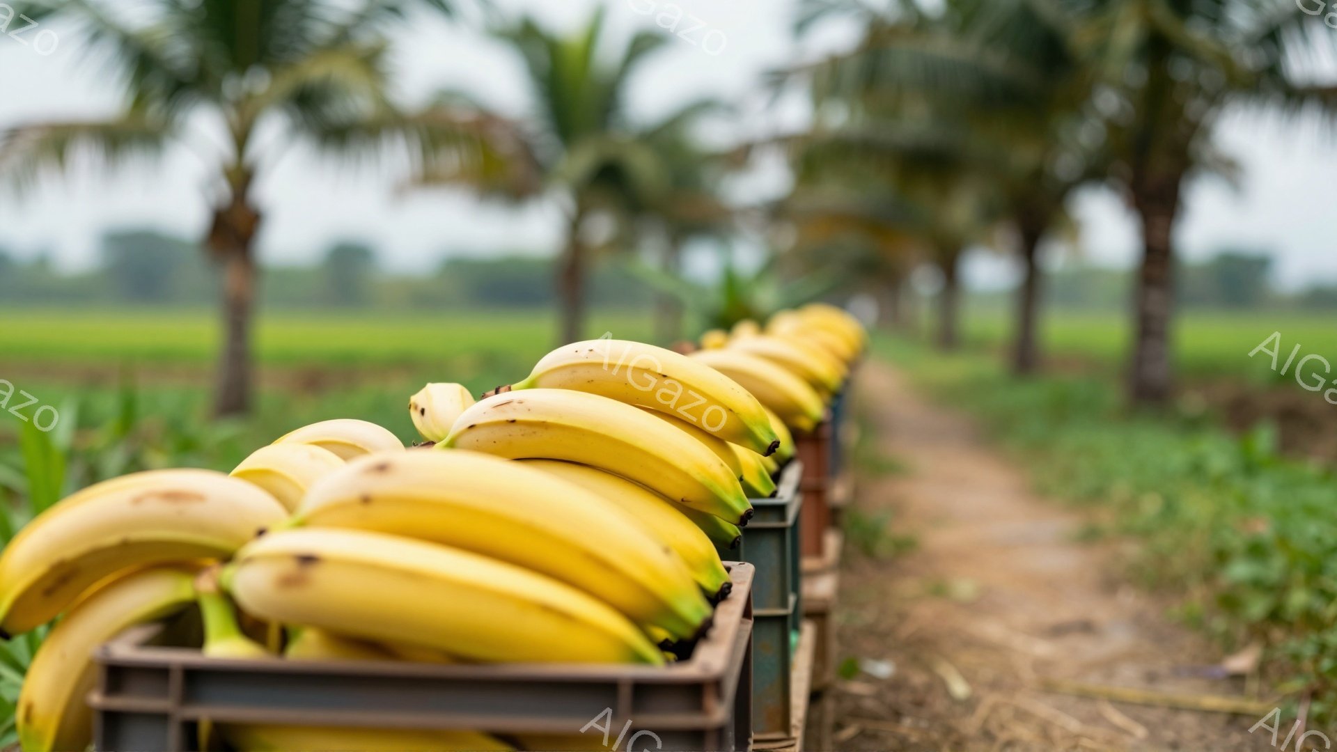 鮮やかな黄色のバナナがプラスチック製の箱に整然と並べられており、その箱が長い列をなして手前に置かれています。背景には緑豊かな植物とヤシの木が立ち並び、土道が奥へと続いており、全体的に温暖で熱帯の雰囲気が漂っています。柔らかな光が差し込み、バナナの鮮やかさと背景の緑を際立たせています。