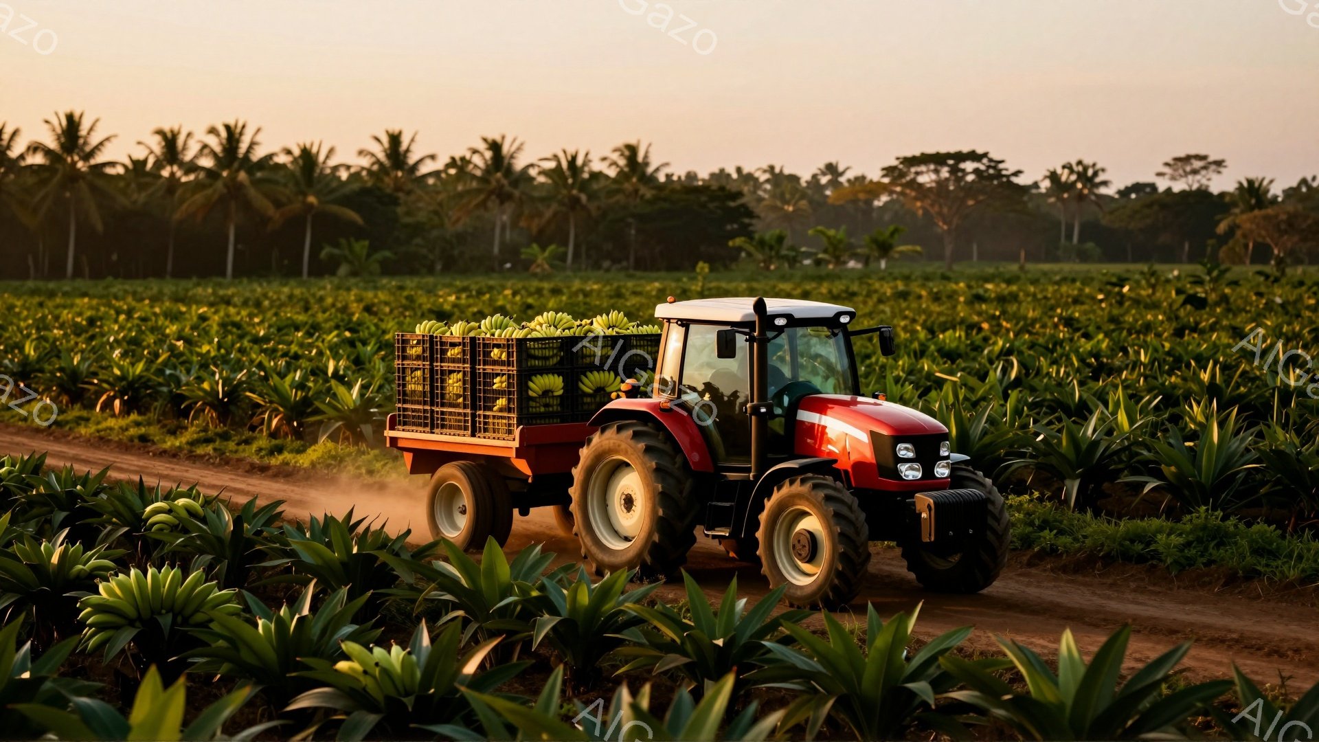 赤いトラクターが、緑豊かなプランテーションの中を土の道を走っている。トラクターの荷台には、収穫されたバナナが積み込まれており、夕焼けのような暖かい光が差し込んでいる。背景にはヤシの木が並び、全体的に穏やかで収穫の喜びを感じさせる雰囲気である。