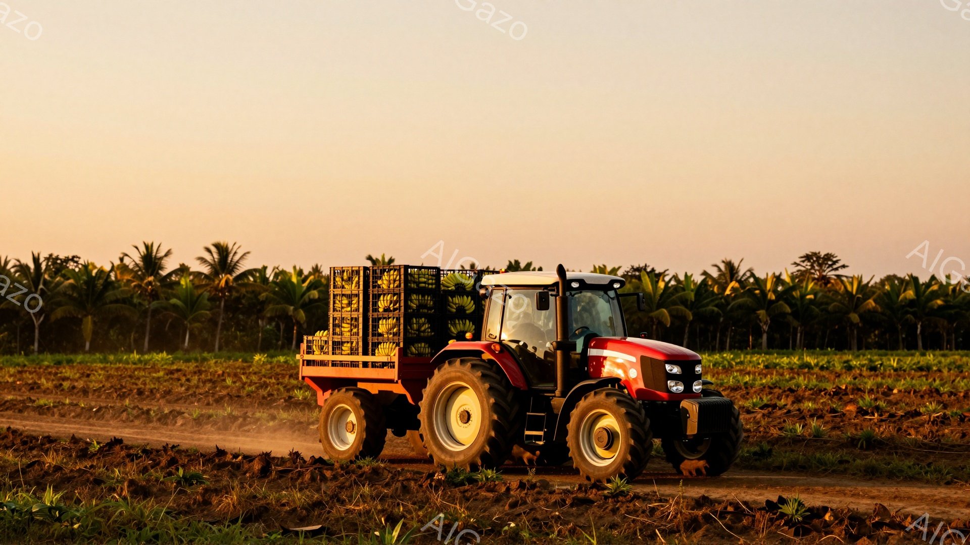 農道の土の道を、収穫されたバナナを積んだ赤いトラクターが走っている。背景にはヤシの木々が並び、夕焼けのような暖かくオレンジ色の空が広がっている。全体的に穏やかで、収穫の喜びを感じさせる、のどかな雰囲気である。
