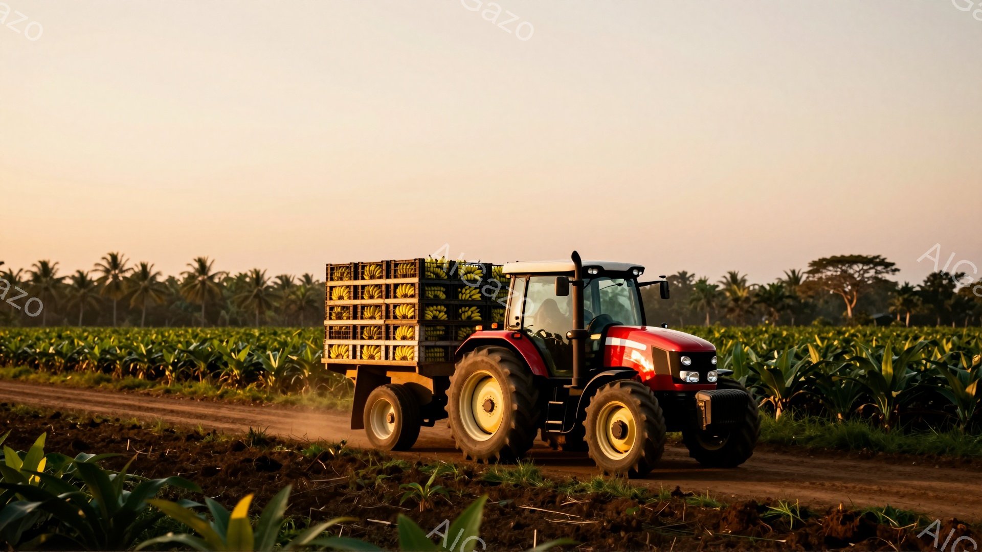 赤いトラクターが、緑豊かな畑の中を土道を進んでいる。トラクターの荷台には収穫されたトウモロコシが積み込まれ、背景にはヤシの木々が並び、夕焼けのような柔らかい光が全体を包み込んでいる。農作業の最中であり、穏やかで静寂な田園風景が広がっている。