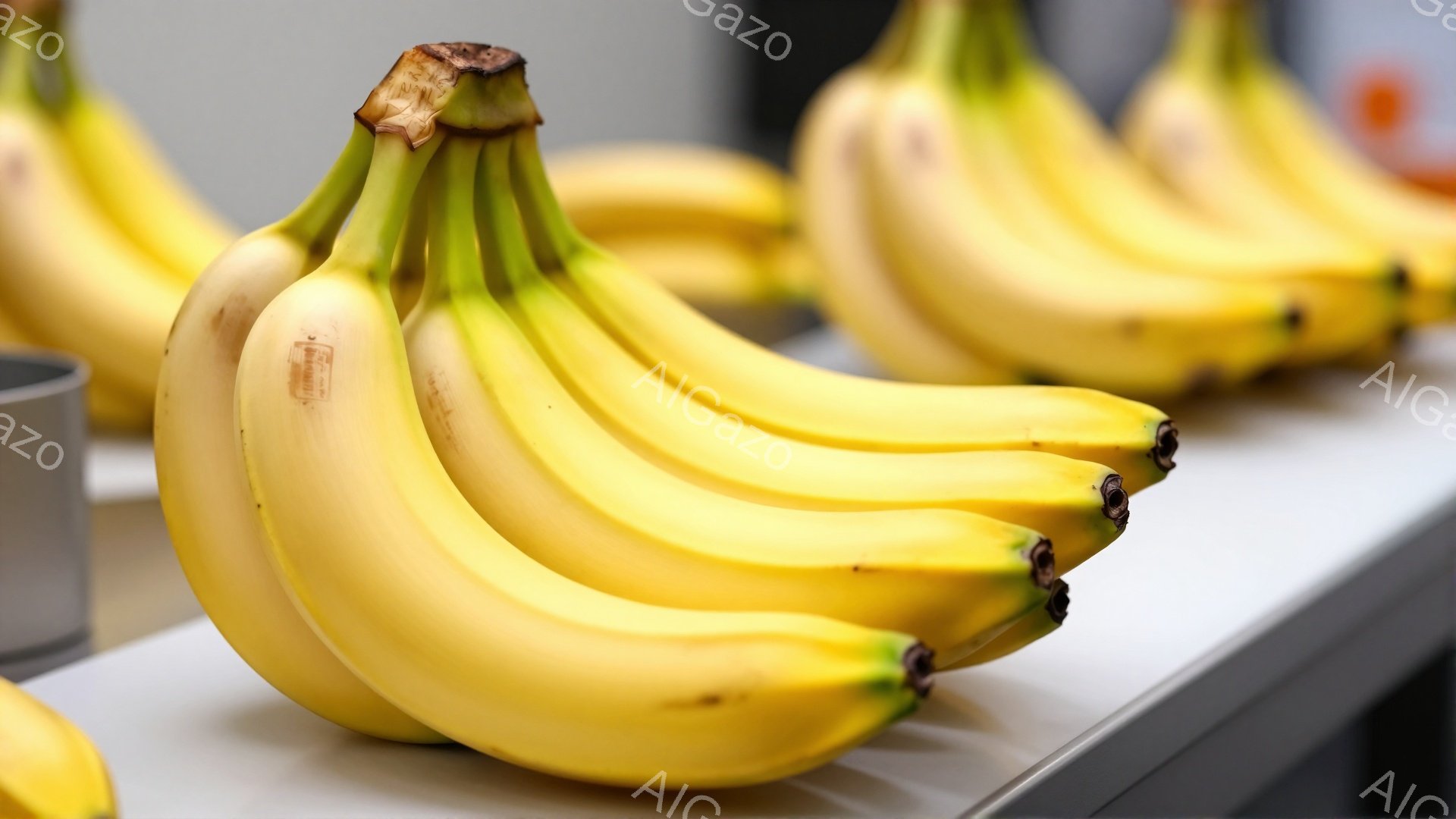 熟れたバナナが数本、銀色の金属製の棚の上に並べられています。 バナナは黄色く、先端が少し緑色がかかっており、新鮮で美味しそうに見えます。 背景はぼやけていますが、シンプルな室内環境であることがわかります。
