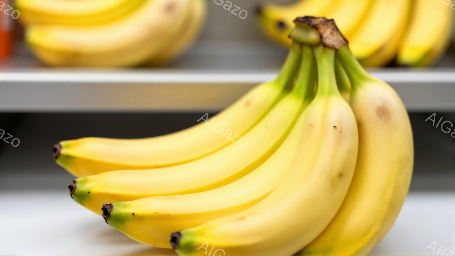 画像には、複数の黄色いバナナが白い棚に並べられています。バナナは少し緑がかっており、熟しているものの、まだ少し硬そうな印象です。背景はぼやけており、他のバナナの房が見え、光沢のある白い棚が全体を照らしています。