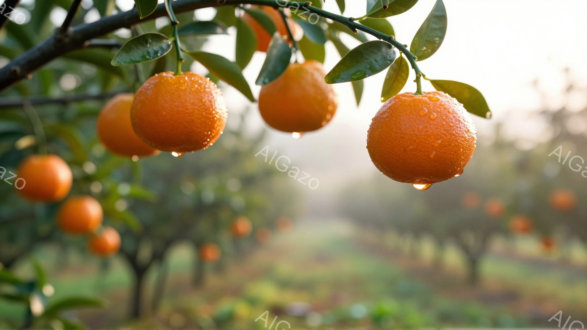 鮮やかなオレンジ色の蜜柑が、緑の葉と共に枝に実っている様子が捉えられています。蜜柑の表面には水滴が光り、まるで雨上がりのような清々しい雰囲気を醸し出しています。背景はぼやけており、蜜柑園が広がる穏やか - AI生成フリー素材
