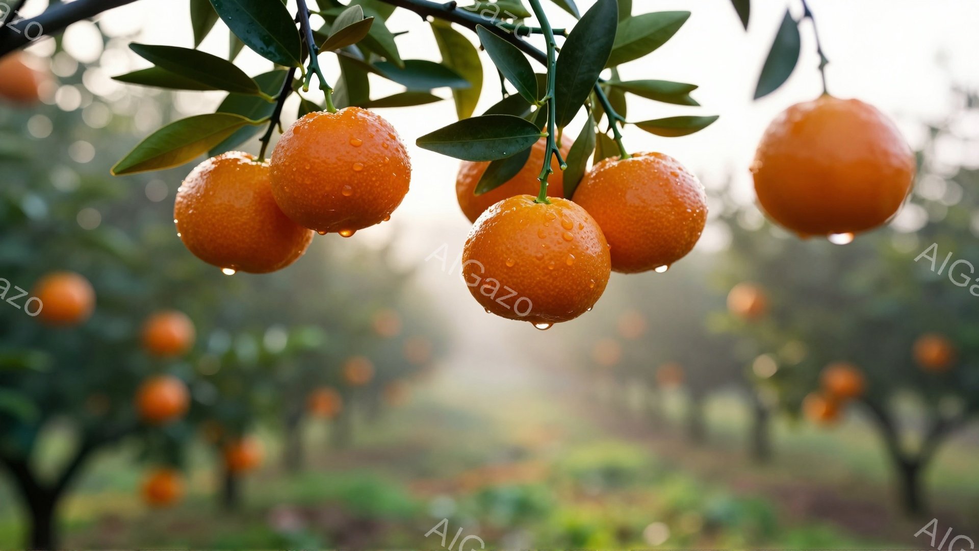 瑞々しいオレンジが枝に実り、水滴が葉や果実に輝いている。背景にはぼんやりとしたオレンジの木々が広がり、朝霧のような柔らかい光が全体を包み込んでいる。この画像は、自然の恵みと静寂な雰囲気を表現している。