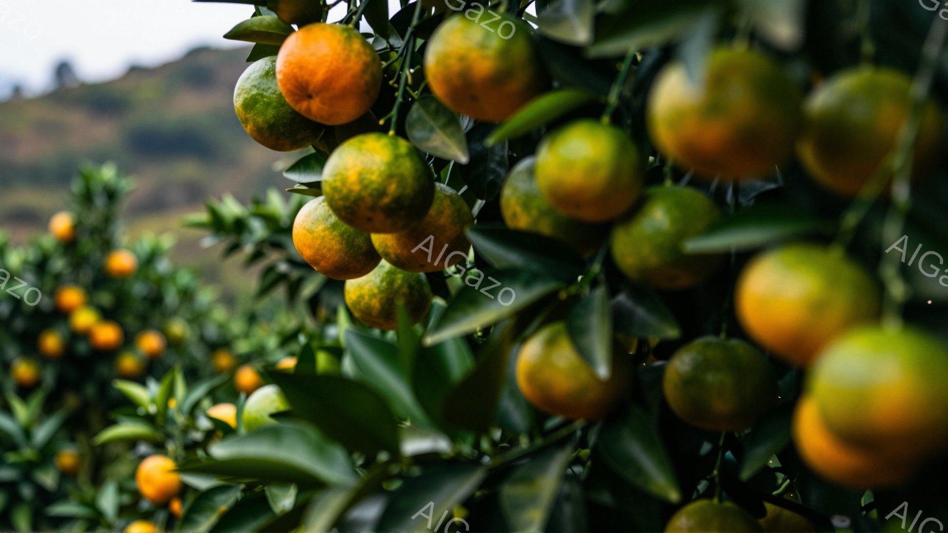 鮮やかなオレンジ色の柑橘類が枝に密集してぶら下がっている様子が写っている。葉は濃い緑色で、背景にはぼやけた丘陵地帯が見え、晴れた日の穏やかな光が全体を包み込んでいる。 柑橘類の鮮やかな色彩と緑の葉のコ - AI生成フリー素材