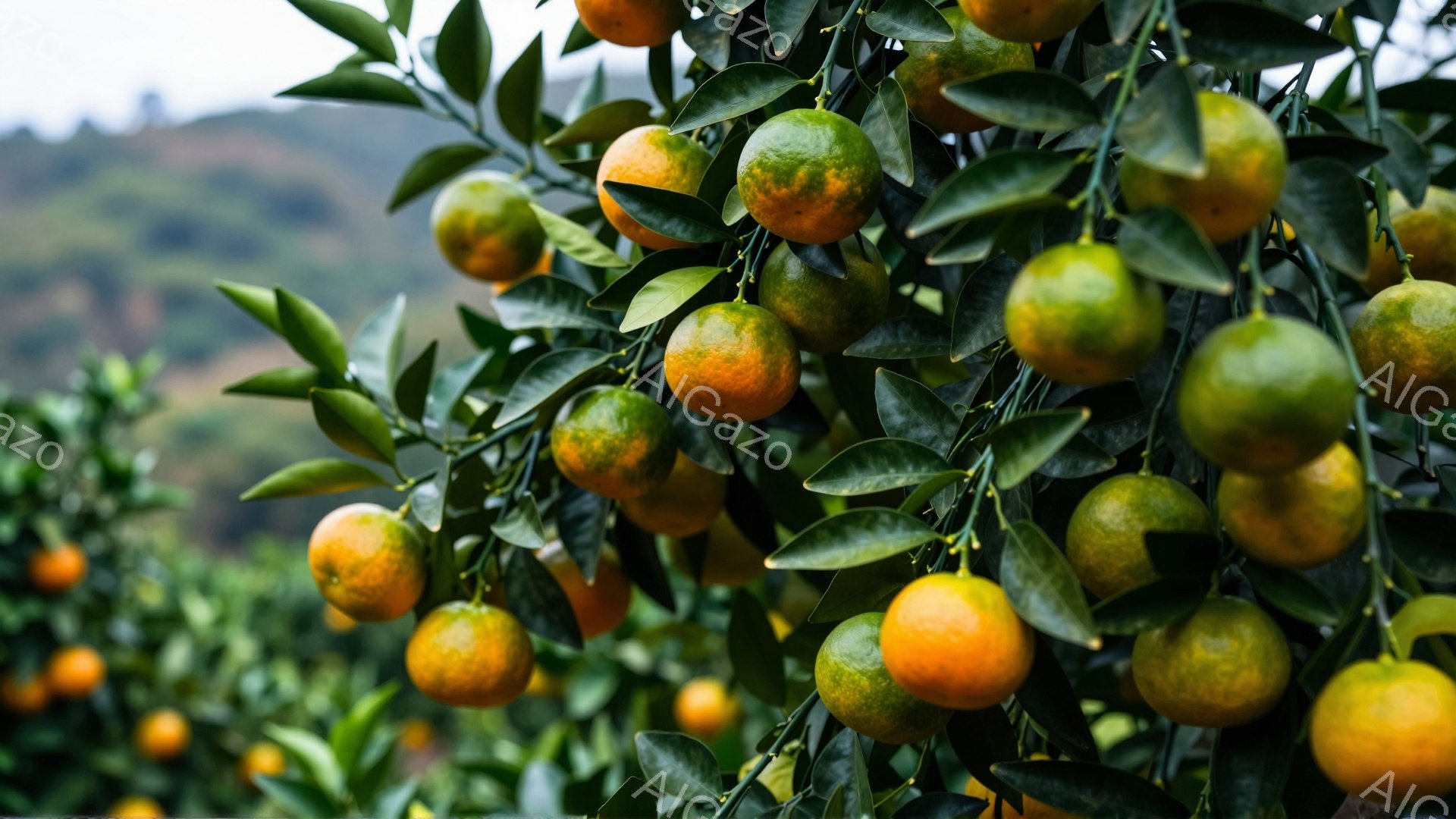 鮮やかなオレンジ色の柑橘類が、濃い緑色の葉に覆われた木にたわわに実っている様子が写っている。背景にはぼやけた丘陵地帯が広がり、全体的に穏やかで豊かな自然の雰囲気が漂う。果実は熟し、収穫の準備が整っているかのような印象を与える。
