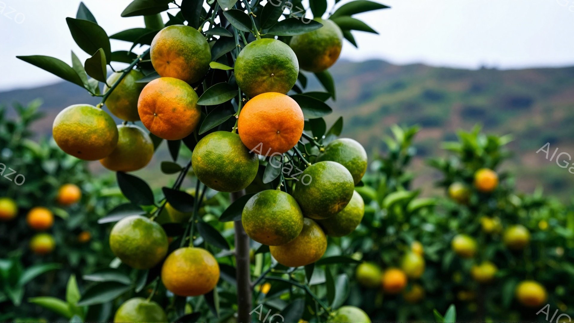 鮮やかなオレンジ色の柑橘類が枝いっぱいに実った木が写っている。背景にはぼやけた緑の丘陵地帯が広がり、曇り空の下、全体的に落ち着いた雰囲気を醸し出している。葉は濃い緑色で、果物とのコントラストが美しい。 - AI生成フリー素材