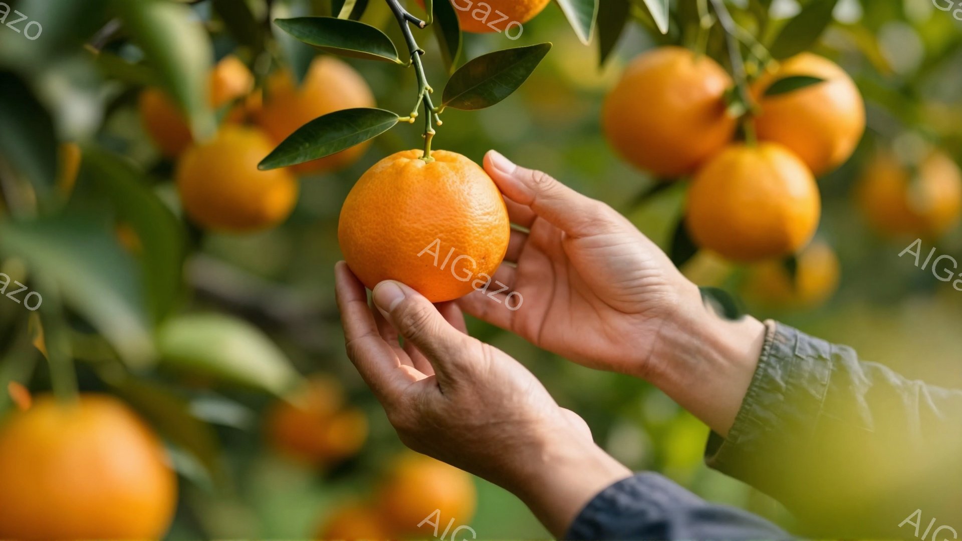 みずみずしいオレンジが、葉と枝についたまま手に抱えられています。背景には、たくさんのオレンジが実ったオレンジ畑がぼやけて見え、穏やかで温かい雰囲気です。手は少し年配の方のもので、オレンジを優しく支える様子から、収穫の喜びが伝わってきます。