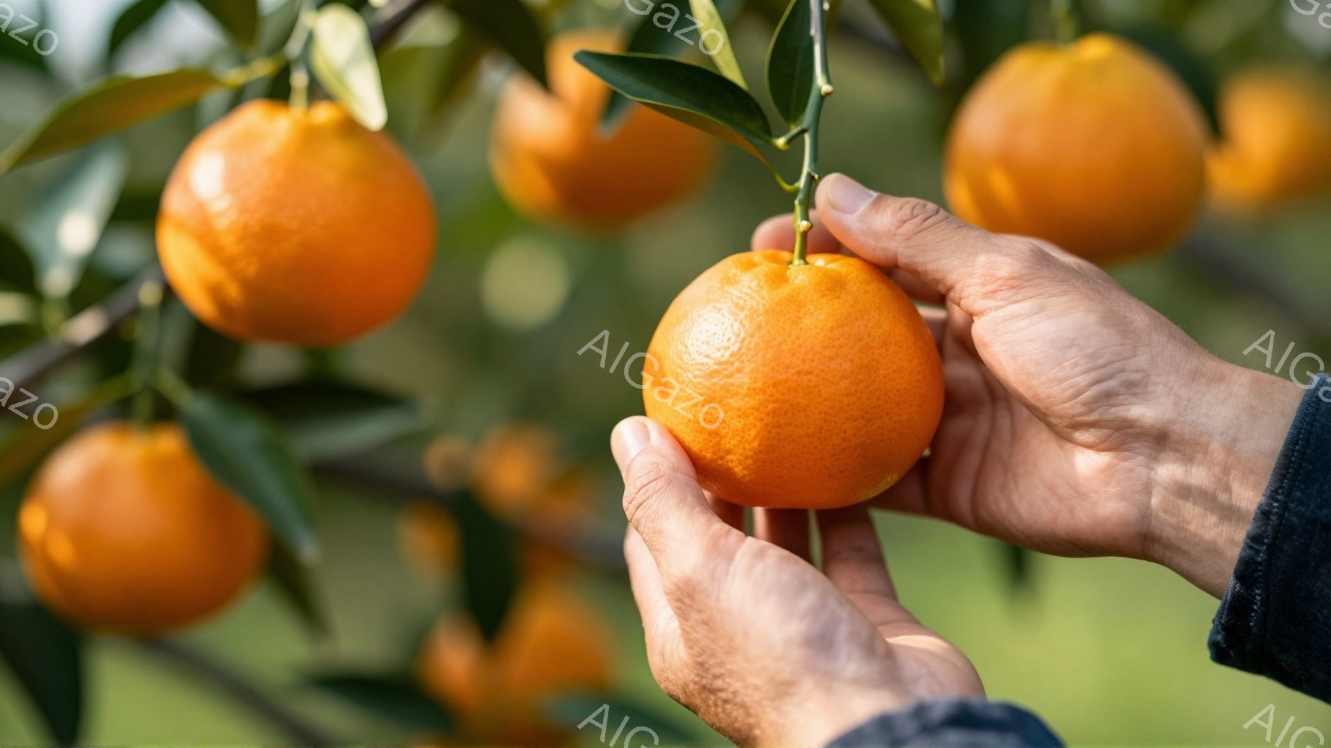 鮮やかなオレンジ色の柑橘類が、緑の葉と共に写っている。しわがれた手が、実ったオレンジを慎重に摘み取ろうとしている様子が捉えられ、濃い色のシャツを着ているのがわずかに見える。背景には、ぼやけた緑の風景が - AI生成フリー素材