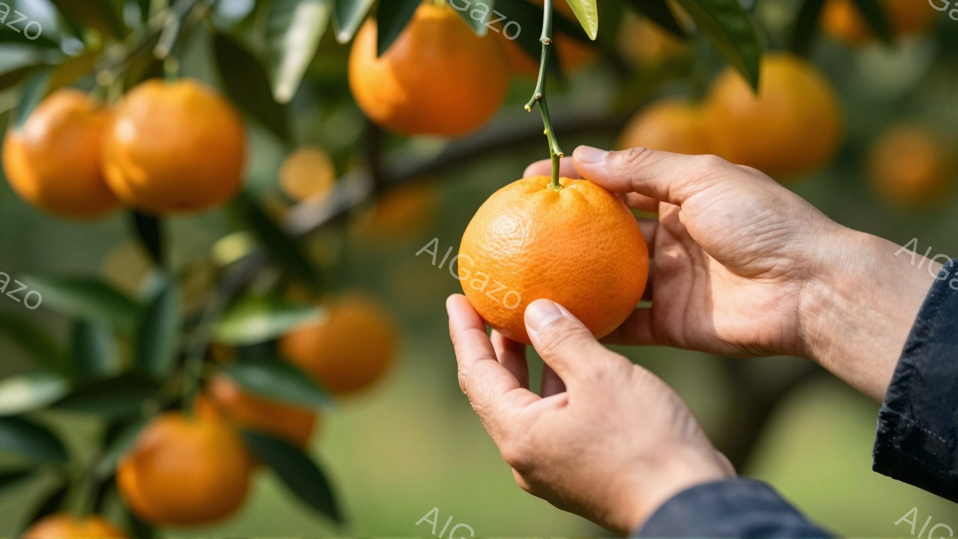 鮮やかなオレンジ色の柑橘類が、緑の葉と枝の中で手によって摘み取られています。摘み取られたオレンジは、手のひらの中で明るく輝き、その背景にはぼやけた緑の葉が広がっています。全体的に、豊穣な自然の中で収穫 - AI生成フリー素材