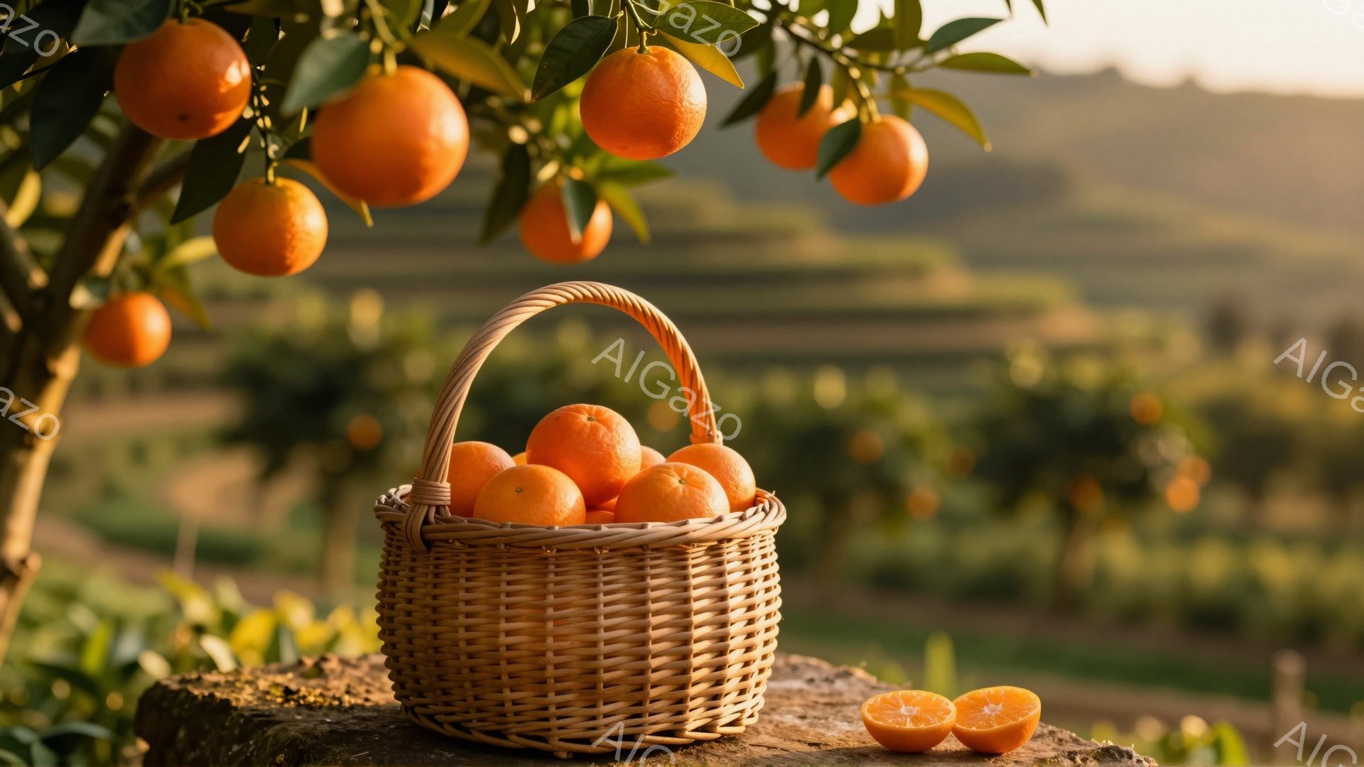 オレンジが実った木々と、収穫されたオレンジが編まれたバスケットが写っている。バスケットは切り株の上に置かれ、背景にはオレンジ畑が広がり、夕焼けのような暖かな光が全体を包み込んでいる。全体的に、収穫の喜びと、穏やかで温かい雰囲気が感じられる。