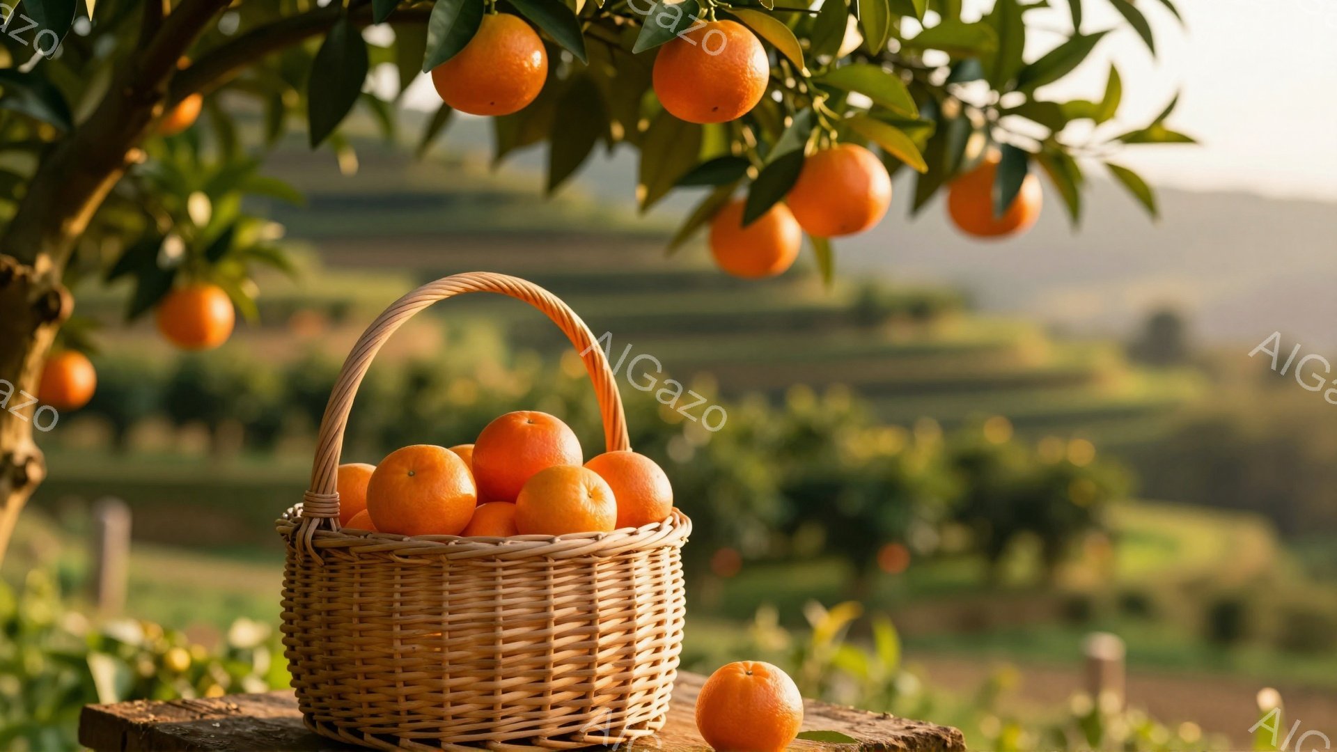 オレンジが実ったオレンジ園の風景です。手編みのバスケットに収穫されたオレンジがいくつか入っており、テーブルの上に置かれています。背景には、段々畑のようなオレンジ園が広がり、暖かな光に包まれており、豊かな収穫の喜びを感じさせます。