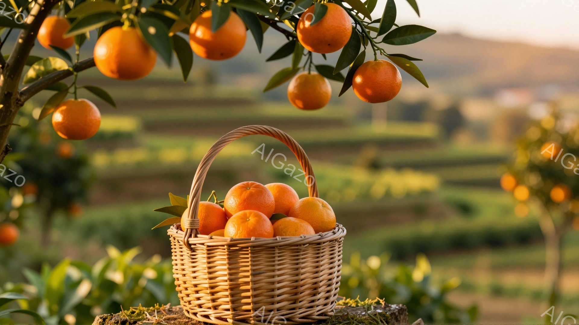 オレンジが実った木々と、収穫されたオレンジが詰まったバスケットが写っている風景写真です。背景には、緑豊かな畑が広がり、夕焼けのような暖かい光が全体を照らしています。全体的に、豊穣な自然と収穫の喜びを感じさせる、穏やかで心地よい雰囲気です。