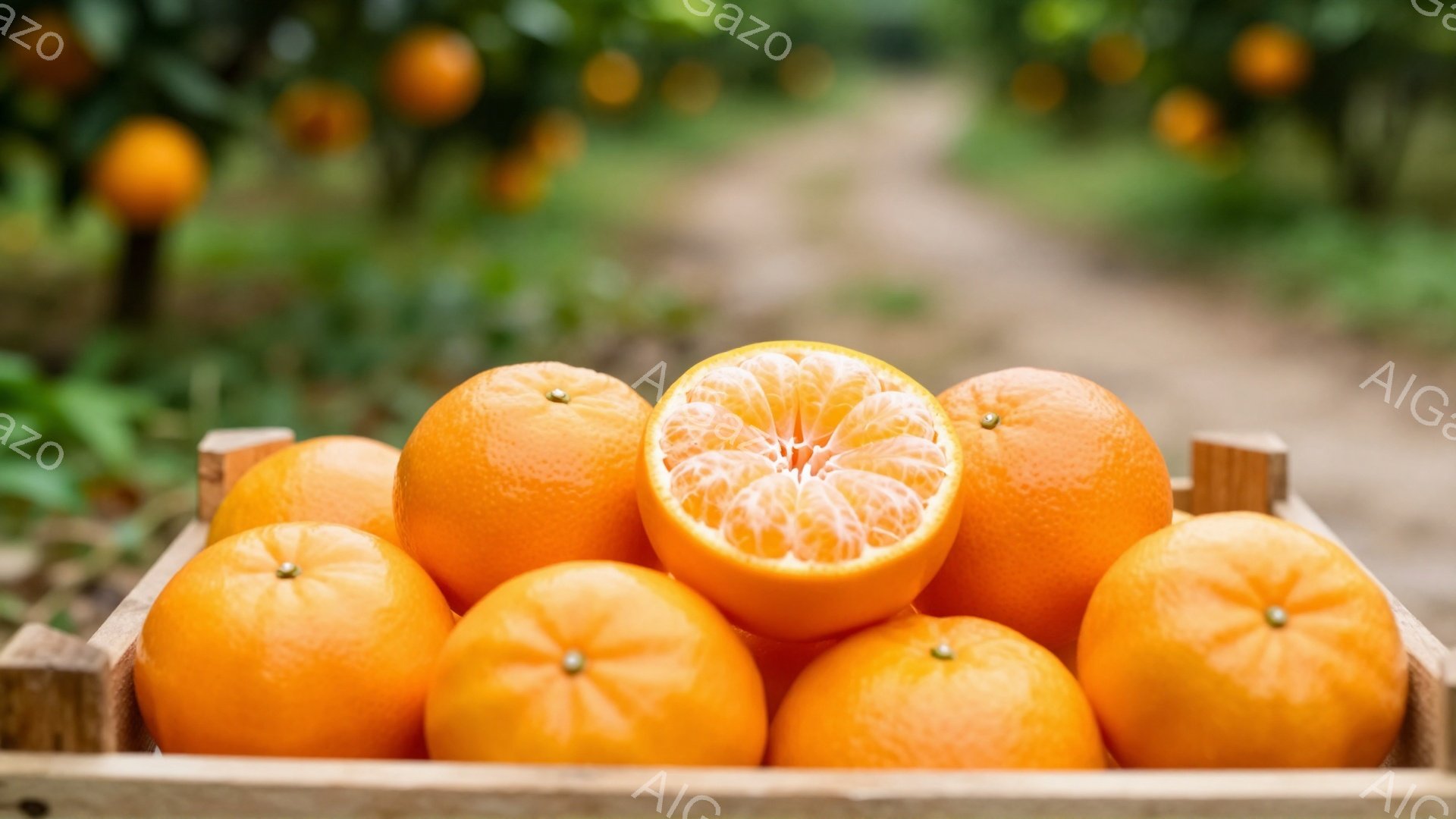 みかんが木製の箱に山積みにされています。そのうちの一つは半分に割られており、ジューシーな果肉が露出しています。背景には、みかんの木々と土の道がぼやけており、鮮やかなオレンジ色が目に飛び込んできます。 - AI生成フリー素材