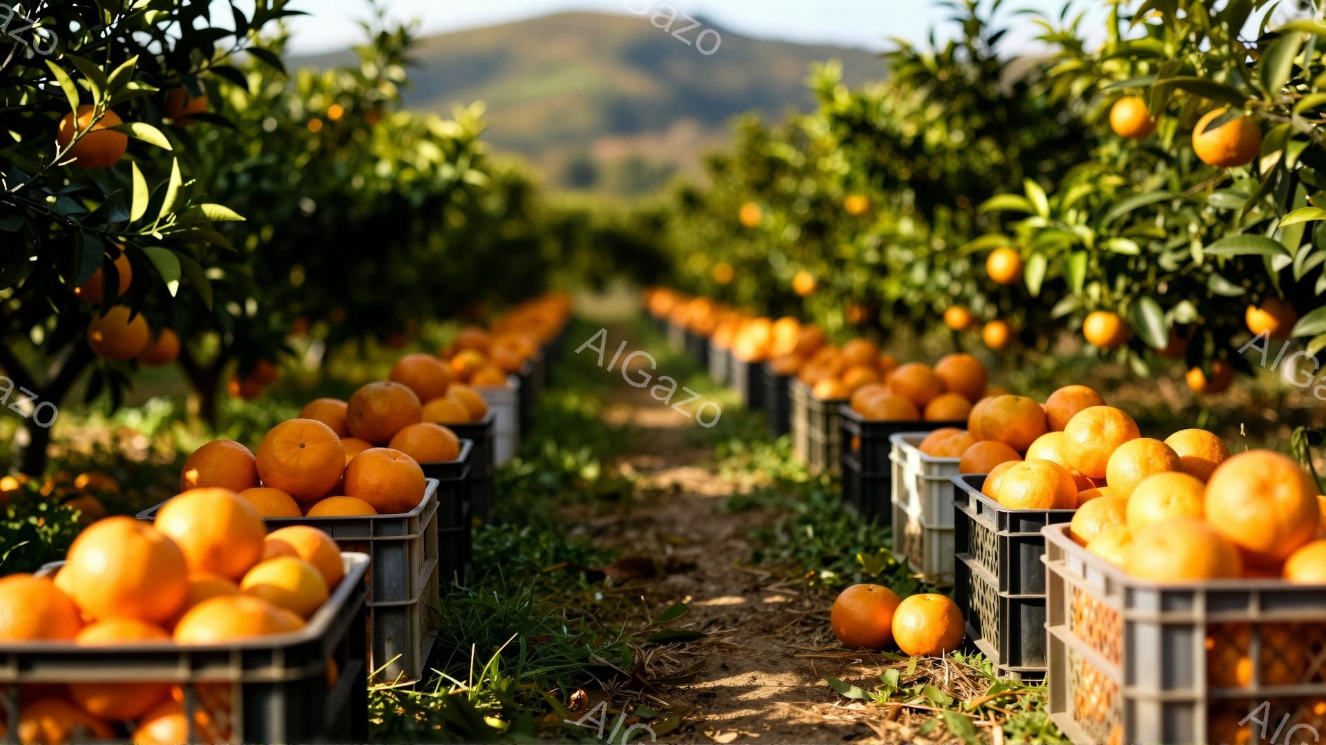オレンジが積み込まれた黒いプラスチックのケースが、オレンジ園の通路の両側に整然と並んでいます。背景には、緑豊かな丘がぼんやりと見え、明るい日差しがオレンジと葉に降り注ぎ、暖かく活気のある雰囲気を醸し出しています。鮮やかなオレンジ色が目に飛び込み、豊穣な収穫を予感させる光景です。