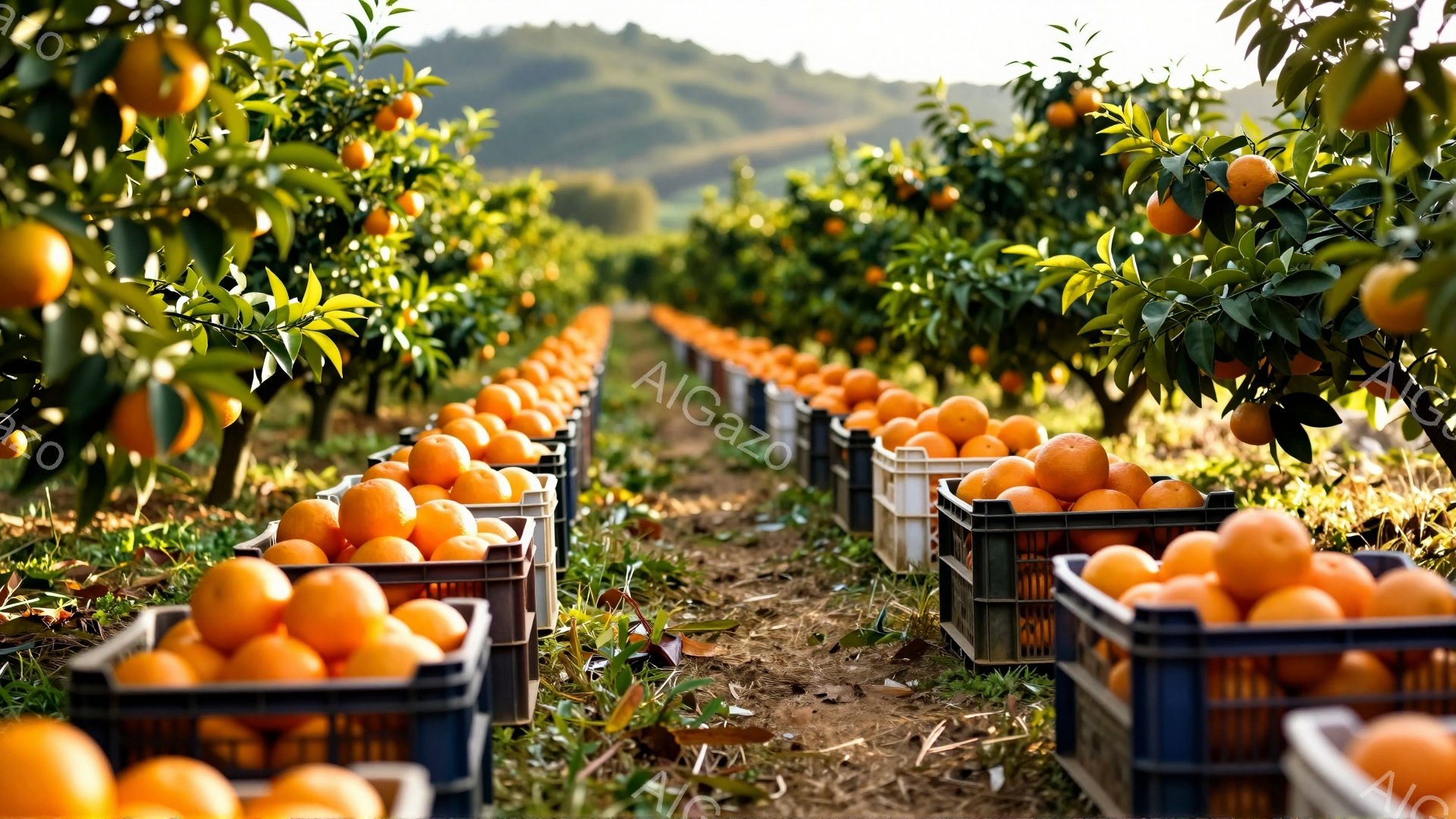 みかんの収穫されたプラスチック製の箱が整然と並んでおり、みかんの木が両側を縁取るように並んでいます。背景には緑の丘が見え、晴天で明るい日差しが差し込んでいます。全体的に、豊穣さと収穫の喜びを感じさせる、明るく温かい雰囲気です。
