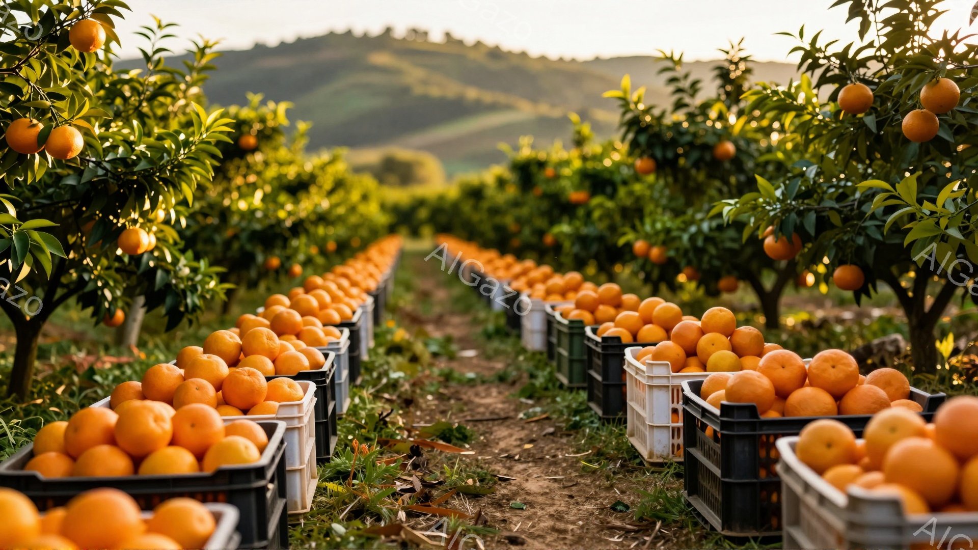 鮮やかなオレンジが実ったオレンジ園が、奥行きのある視線で捉えられています。オレンジはプラスチックの箱に並べられ、両脇にオレンジの木が整然と並び、遠くには緑の丘が見えます。暖かく柔らかな光が全体を包み、豊穣さと静けさの雰囲気を醸し出しています。