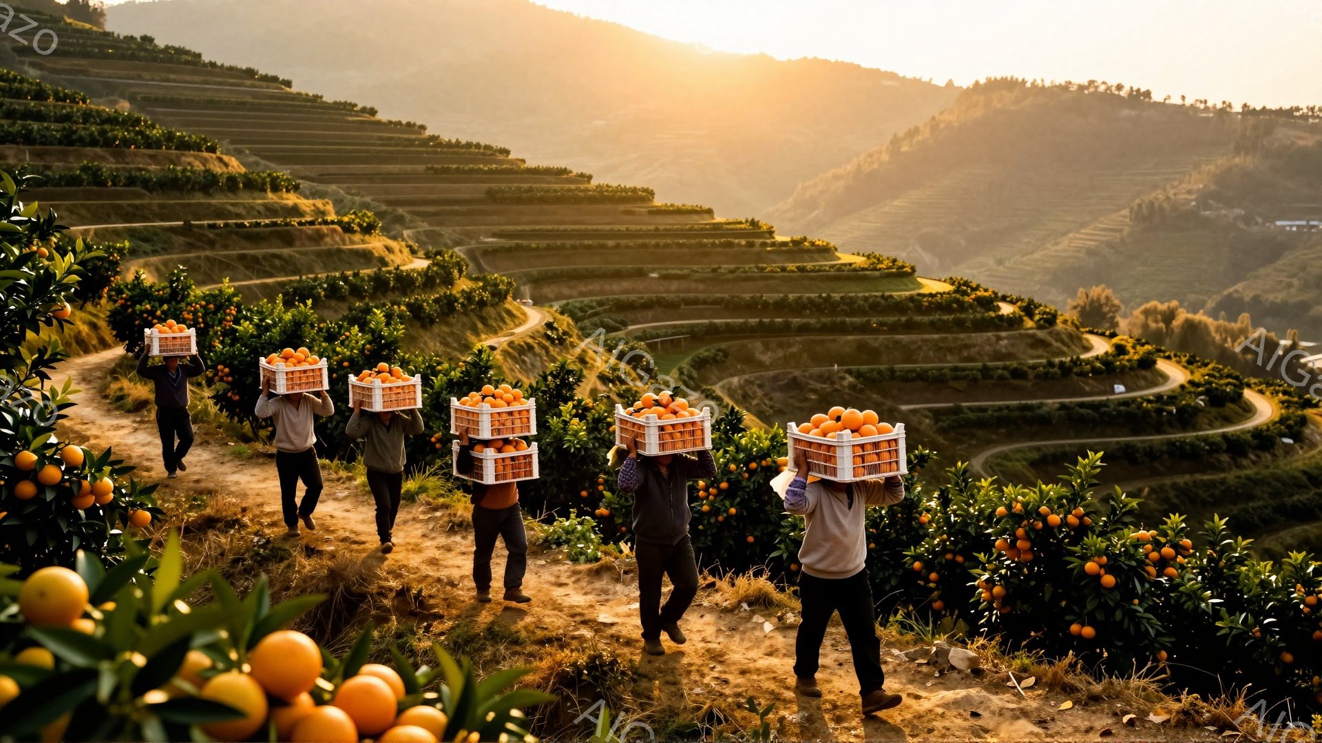 傾斜地に作られたオレンジ畑を、オレンジの収穫箱を頭に乗せて歩く人々の列が写っている。彼らは皆、シンプルな服装で、後ろ姿しか見えないため表情は伺えないが、作業に集中している様子が伝わってくる。背景には、起伏に富んだ地形と、夕焼けのような暖色の空が広がり、収穫の喜びと自然の豊かさを感じさせる。