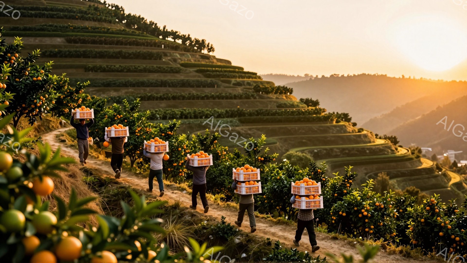 傾斜地に段々畑が広がり、オレンジの木々が並んでいる。複数の人々が、オレンジが詰まった木箱を頭の上に載せて、畑の道を歩いている。夕焼けのような暖色系の光が全体を包み込み、穏やかで勤勉な雰囲気を醸し出している。