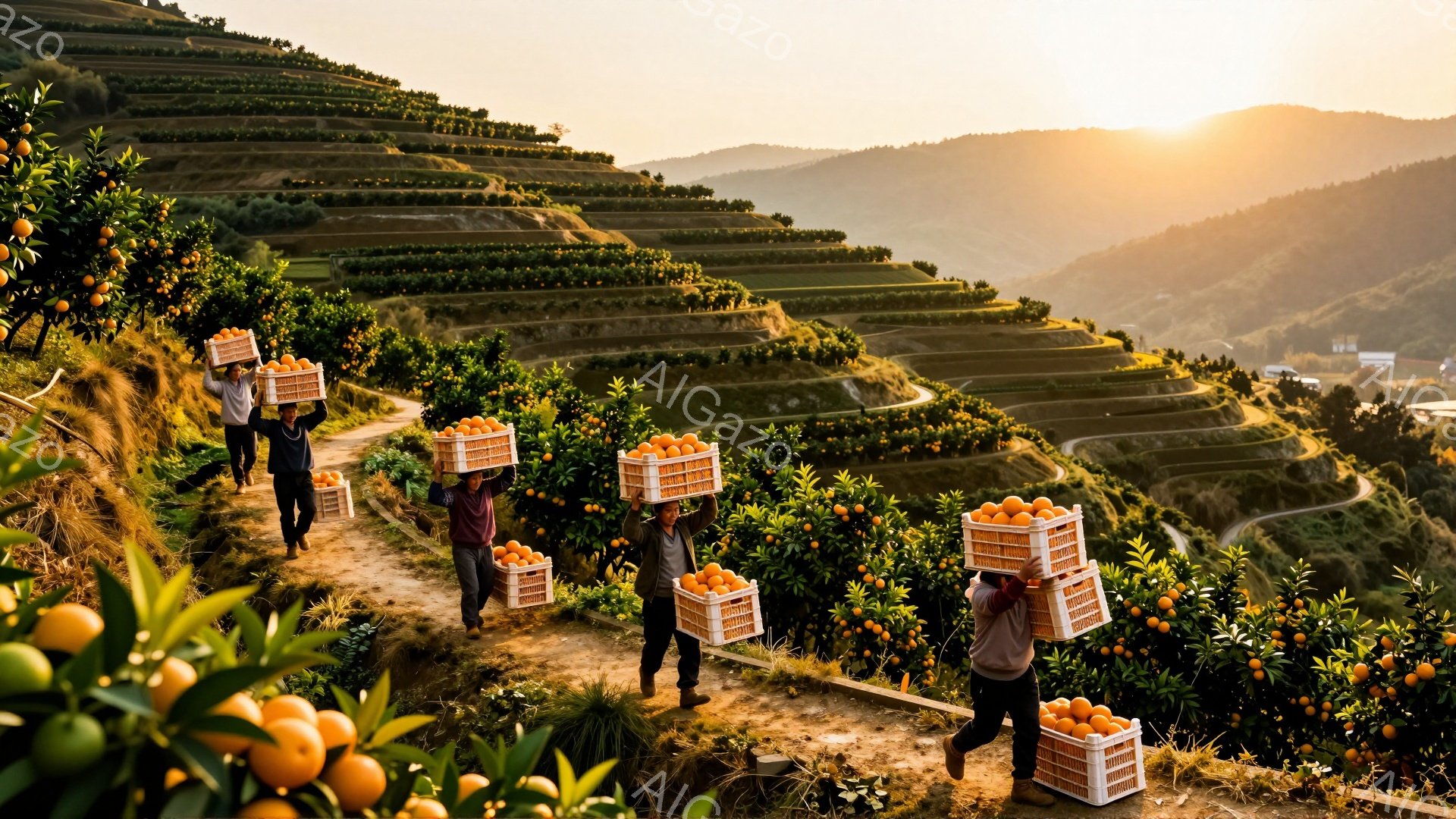 オレンジの収穫を終えた人々が、オレンジの入った白い箱を頭や肩に担いで、段々畑の坂道を歩いている。彼らは皆、カジュアルな服装で、黒髪で、顔はほとんど見えないが、活気があり、働くことに集中している様子が伺える。背景には、オレンジ園が広がり、遠くには山々が見え、夕焼けのような暖かい光が全体を包み、穏やかで力強い雰囲気を醸し出している。