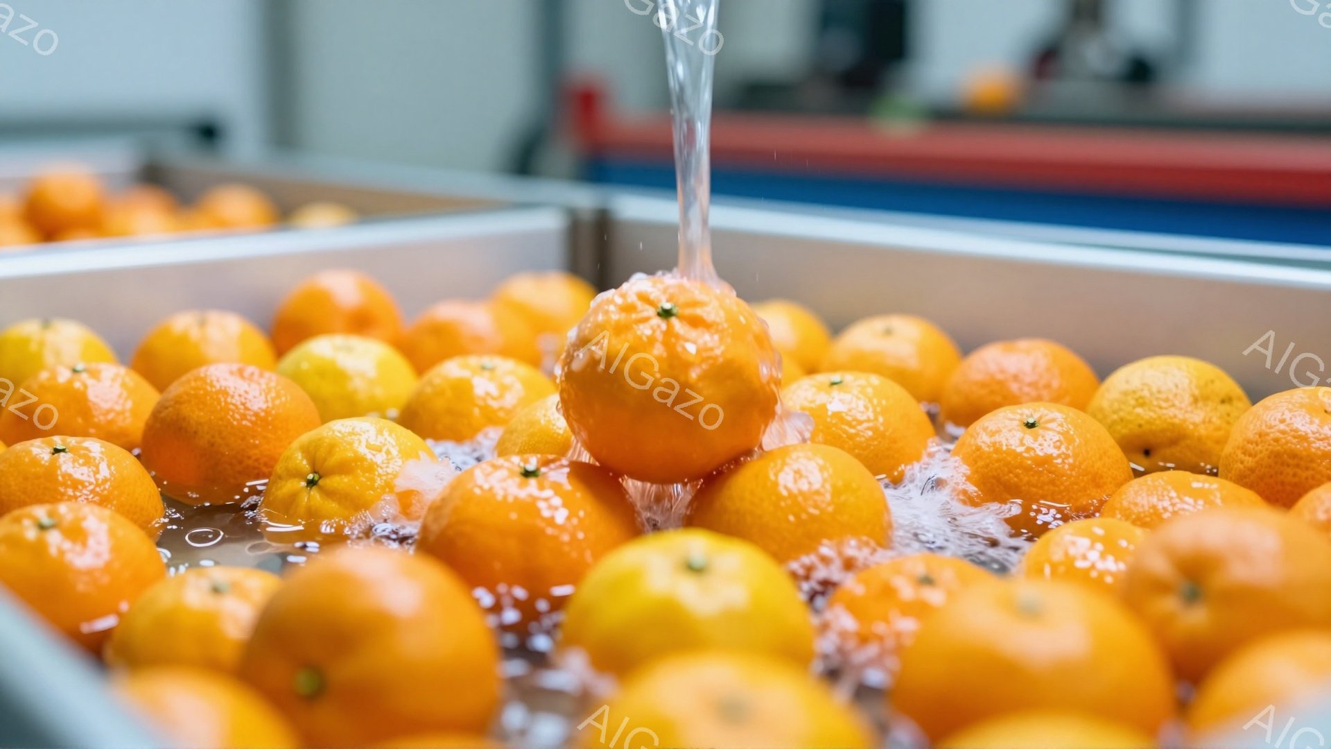 鮮やかなオレンジが大量にステンレス製の容器に並べられ、上から水が注がれています。オレンジはみずみずしく、表面に水滴が光り、まるで洗浄されているかのようです。背景には赤いラインが入った設備の一部が見え、工業的な雰囲気の中に柑橘の爽やかさが漂っています。