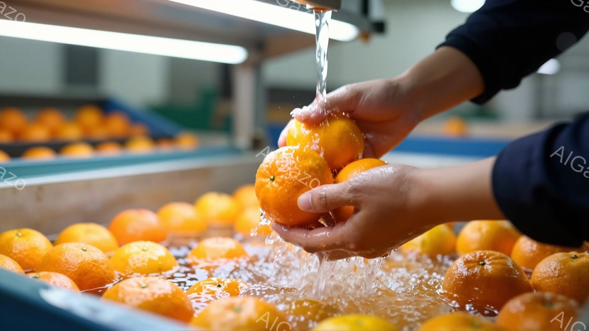 作業員がオレンジを洗い、選別している様子が写っている。オレンジはベルトコンベアの上を流れており、水しぶきが飛び散っている。背景は工場内部で、オレンジが大量に並んでいる様子から、大規模な選果作業が行われていることがわかる。