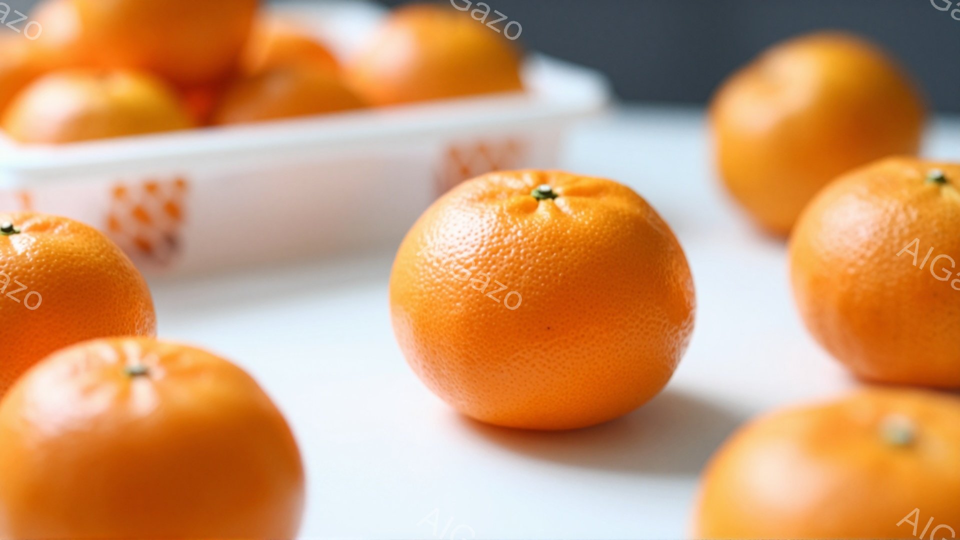 鮮やかなオレンジ色のミカンが、白い背景の上に散らばって配置されています。ミカンは表面がざらざらとしており、みずみずしさを感じさせます。奥にはミカンを盛った白い容器が見え、全体的に明るく、食欲をそそる雰 - AI生成フリー素材