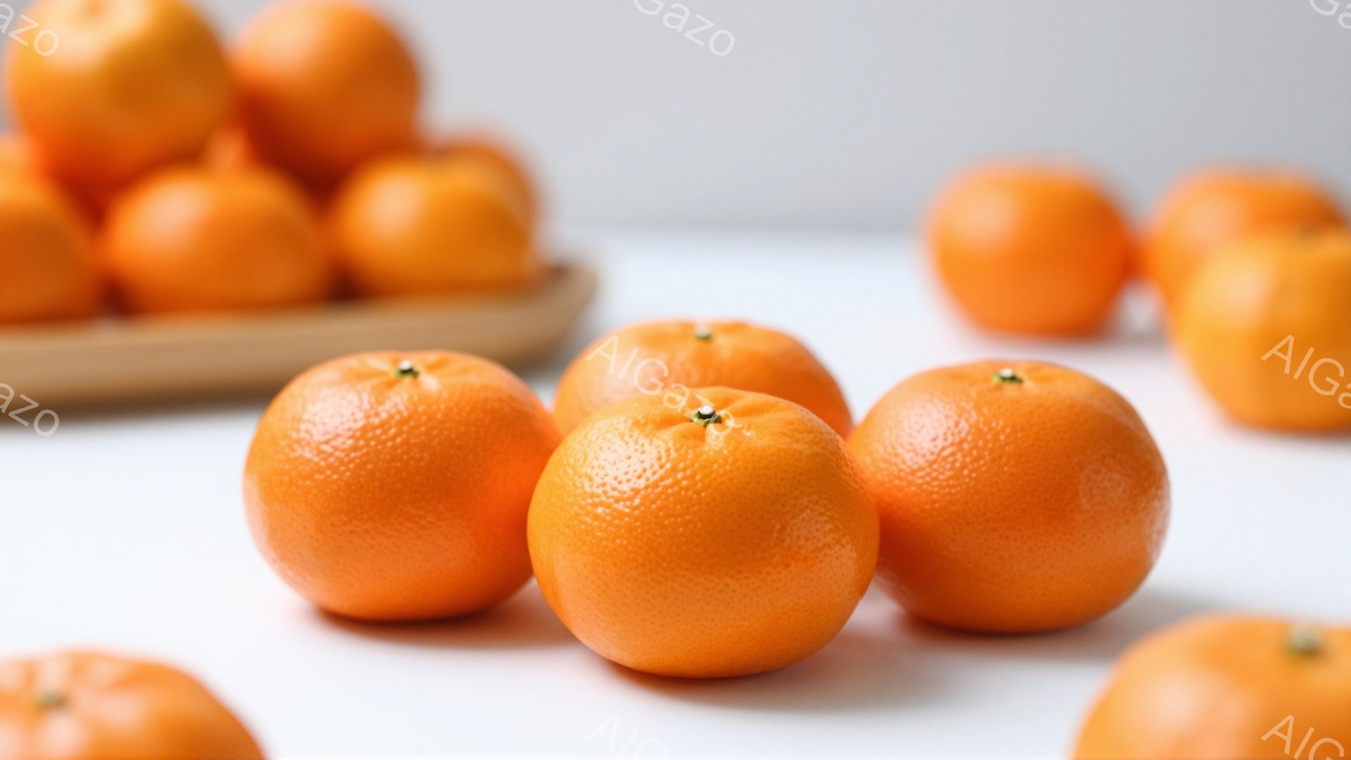 鮮やかなオレンジ色のミカンが、白い背景に散りばめられています。手前にはミカンが５つ並び、その奥には木製のトレーの上にさらに多くのミカンが置かれています。全体的に明るく、暖かく、みずみずしい雰囲気です。 - AI生成フリー素材