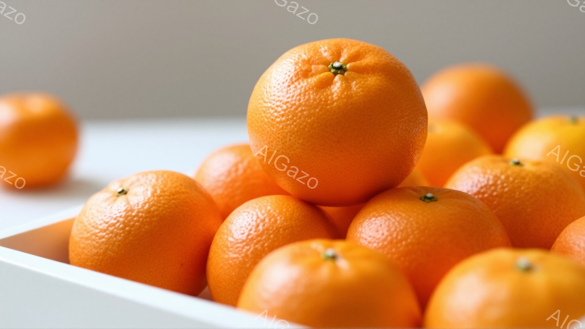 鮮やかなオレンジ色のミカンが、白い四角い容器の中に無造作に積み重ねられています。ミカンは丸みを帯びており、表面には細かい凹凸が見られます。背景は淡いグレーで、全体的にシンプルで清潔感のある印象です。 - AI生成フリー素材