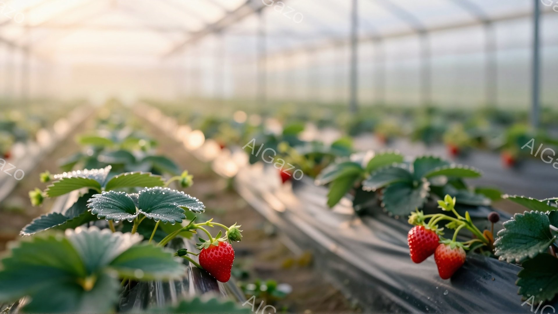 鮮やかな赤色のイチゴが、緑色の葉に囲まれて黒いビニールシートの上に並んでいます。イチゴの表面には水滴が光り、まるで朝露のような清々しい印象を与えます。ビニールハウス内の整然とした畝と、ぼやけた背景が、イチゴ栽培の風景を捉えています。