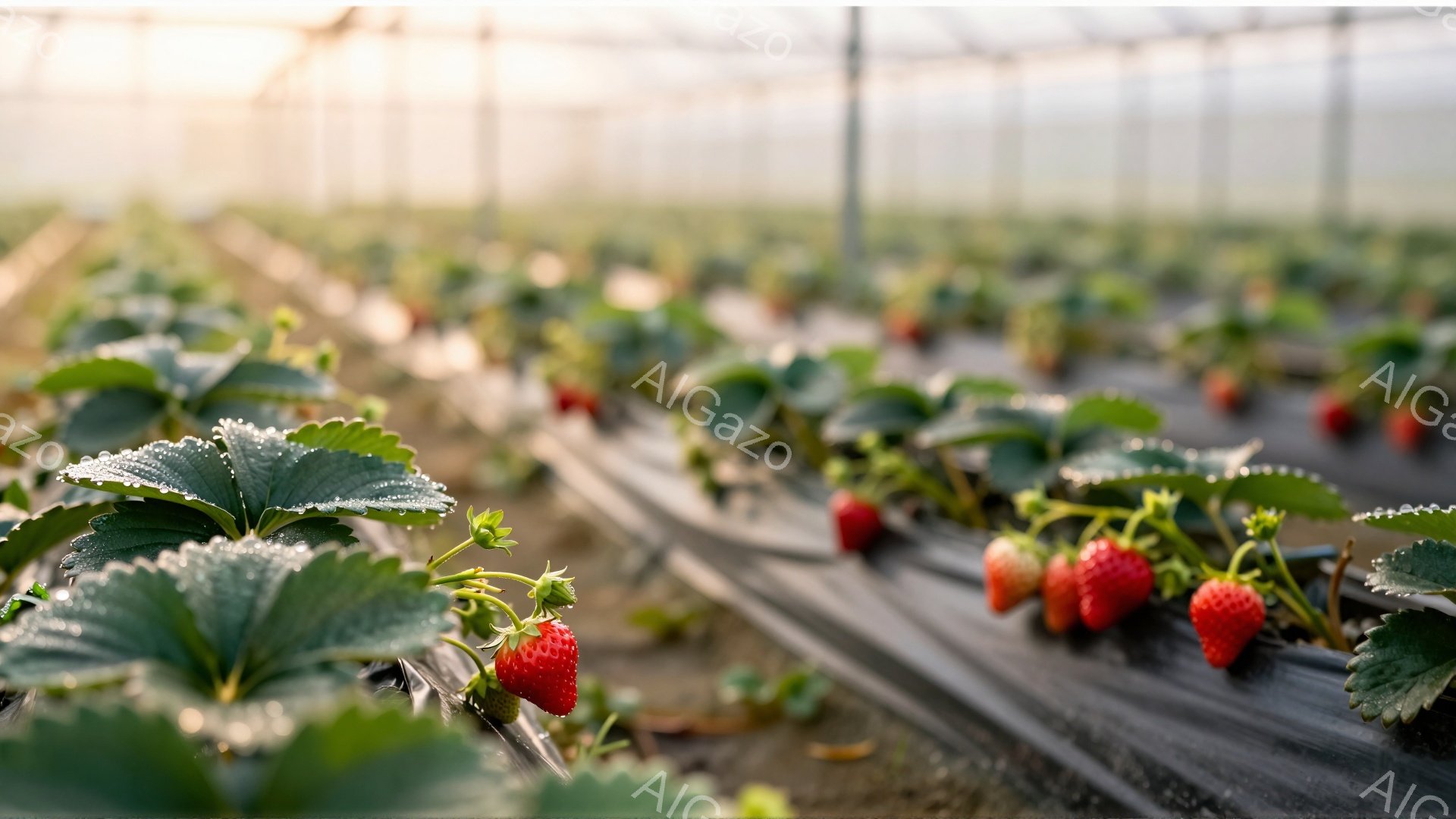 畑一面に広がるイチゴが写っている。黒いビニールマルチの上で、赤く熟したイチゴが葉に囲まれて並び、雫が葉の上で輝いている。温室のような背景からは柔らかい光が差し込み、イチゴの瑞々しさを強調している。