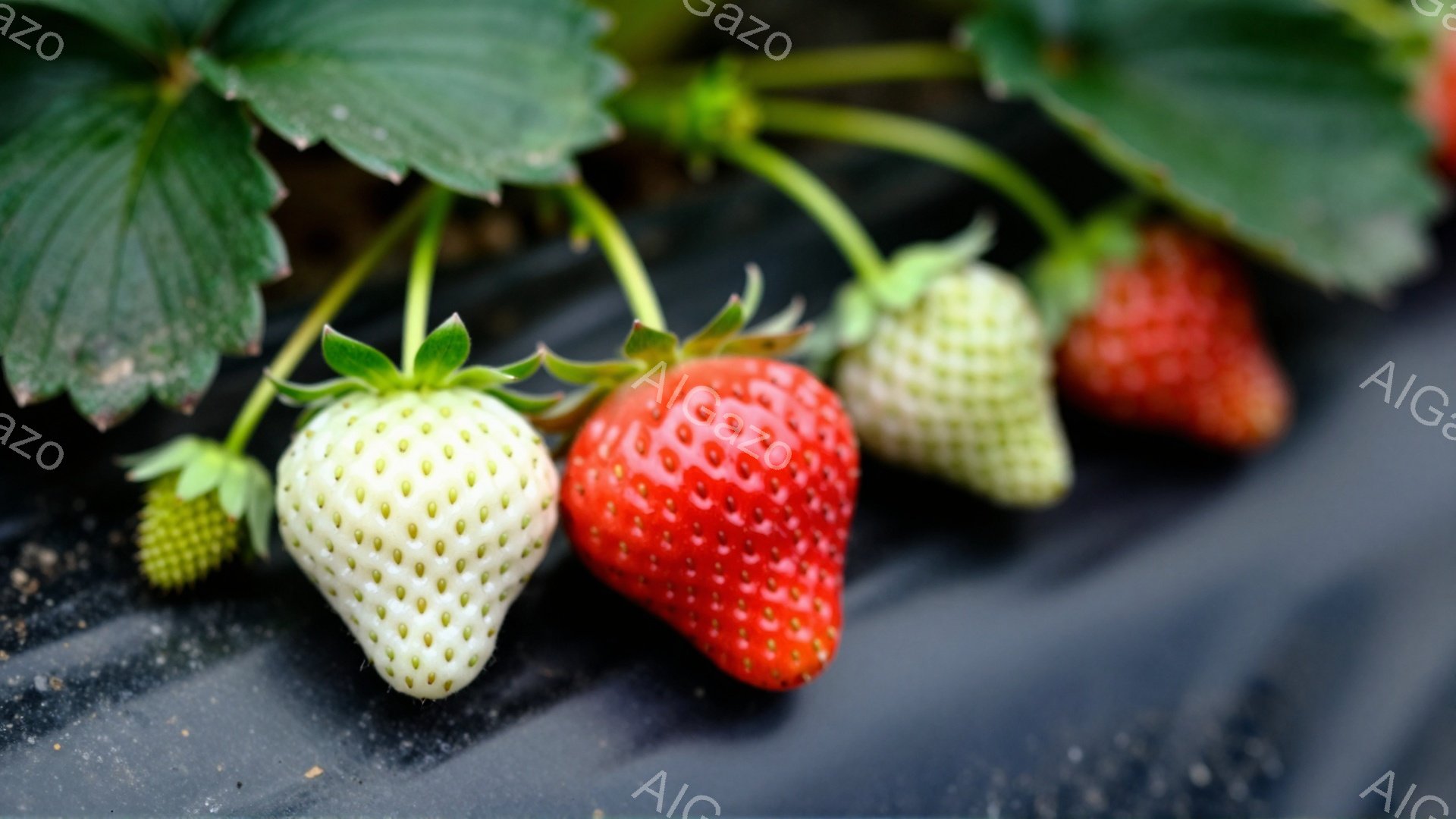 画像には、ビニールシートの上に置かれたイチゴがいくつか写っています。赤く熟したイチゴと、まだ緑色の未熟なイチゴが混ざっており、葉っぱも元気に見えます。イチゴは鮮やかで、収穫されたばかりの新鮮さを感じさ - AI生成フリー素材