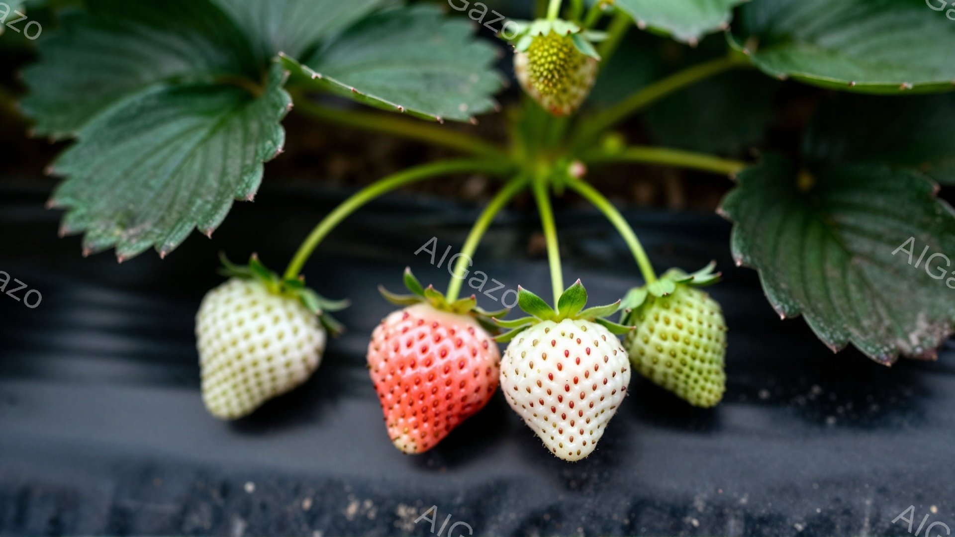 画像には、黒いプラスチックのシートの上に生えているイチゴが写っています。赤く熟したイチゴ、緑色のイチゴ、そして少し赤みがかった緑色のイチゴが、葉に囲まれてぶら下がっています。全体的に、新鮮で自然な雰囲 - AI生成フリー素材