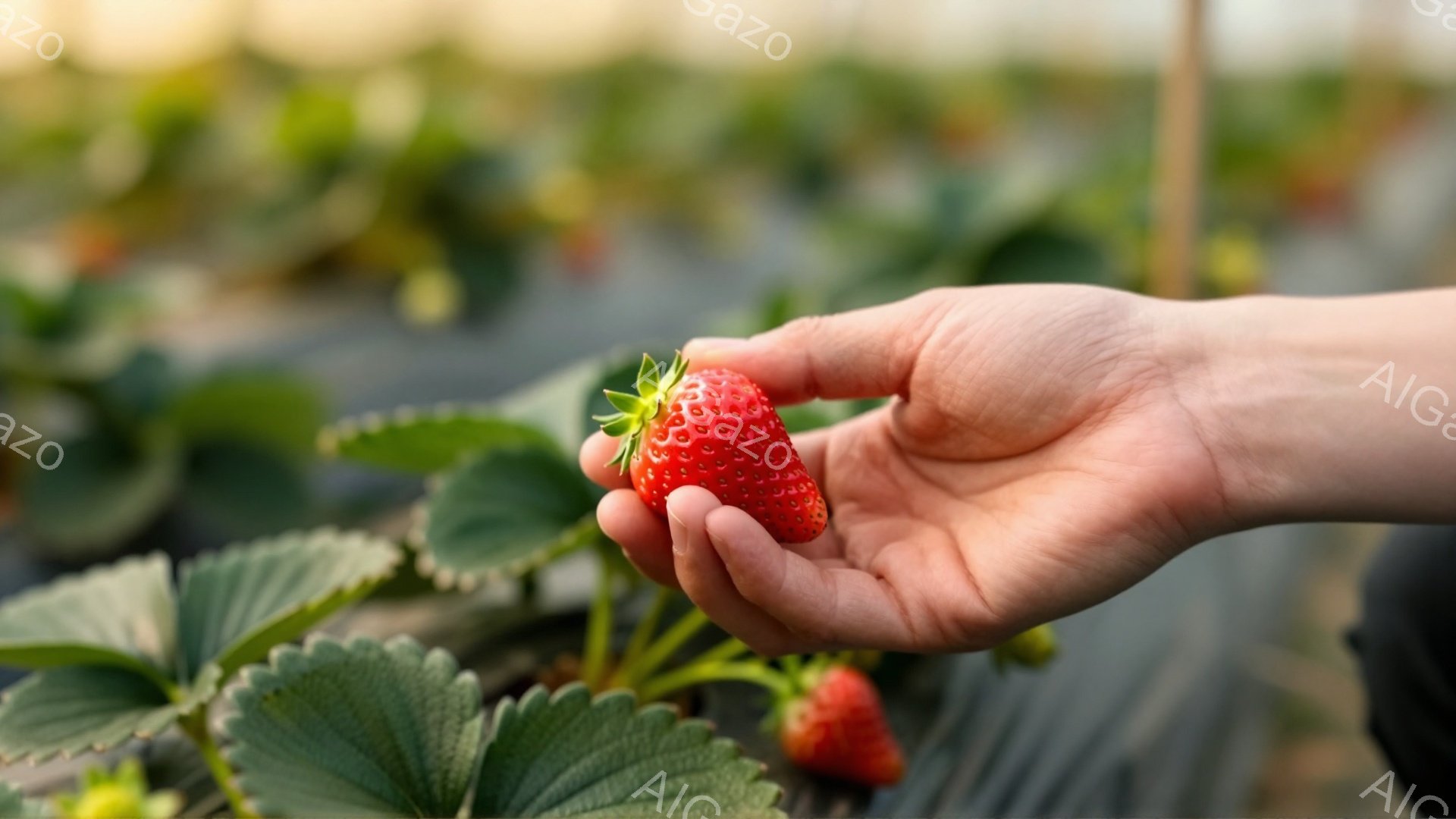 畑で採れたイチゴを手で持っている写真です。鮮やかな赤色のイチゴは葉に囲まれ、背景にはビニールハウスと他のイチゴの植物が広がっています。全体的に明るく、収穫の喜びを感じさせる穏やかな雰囲気です。 - AI生成フリー素材