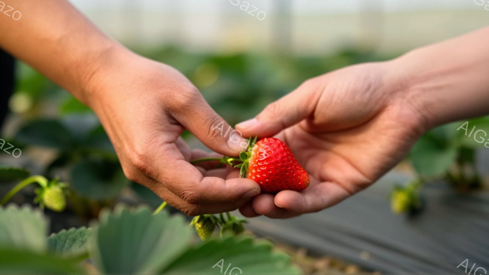 鮮やかな赤色のいちごが、手のひらの中で光っています。土壌に覆われた畑で、緑豊かな葉っぱが背景に広がり、農作物の生育を暗示しています。全体的に、暖かく穏やかな雰囲気で、収穫の喜びや自然の恵みを表現してい - AI生成フリー素材