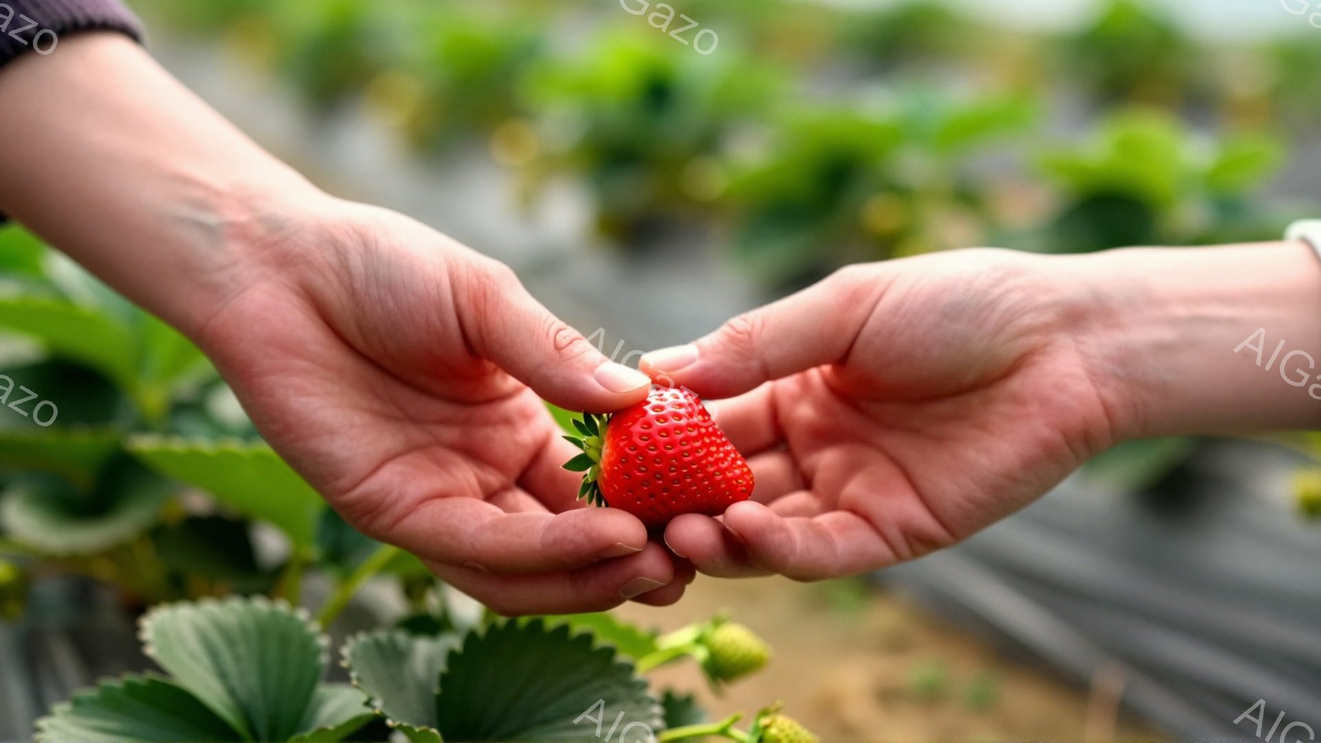 鮮やかな赤色のいちごが、二人の手の間にそっと渡されている様子が写っています。背景には緑色の葉と、整然と並んだ畑の畝が見え、天候は晴れで明るい日差しが感じられます。 全体的に、収穫の喜びや自然の恵みを感じさせる、温かく穏やかな雰囲気です。