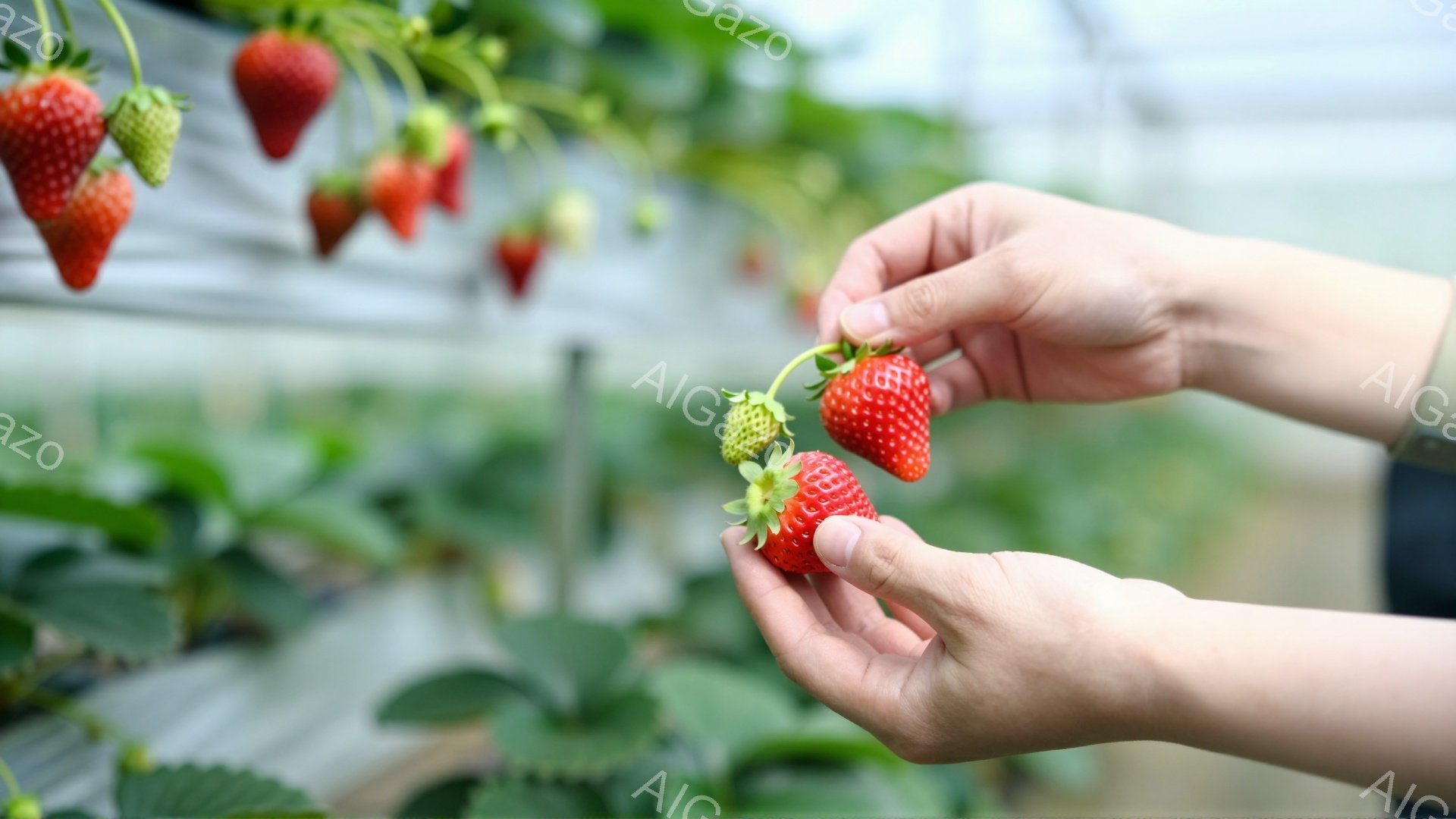 画像には、いちご畑で熟した赤いイチゴを収穫する手が写っています。手はイチゴの緑色の萼（がく）を優しく持ち、次の収穫のために丁寧に摘んでいます。背景には、緑豊かなイチゴの葉と茎が広がり、温室のような環境 - AI生成フリー素材