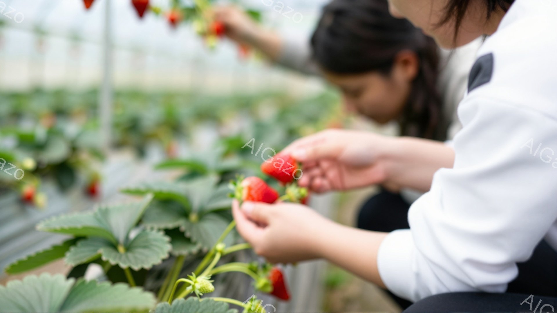 白い長袖シャツを着た女性が、イチゴ畑で赤いイチゴを収穫している様子が写っている。女性は腰をかがめており、緑の葉に囲まれたイチゴを丁寧に摘み取っている。背景には、他のイチゴの列が見え、ビニールハウスの構造が確認できる。