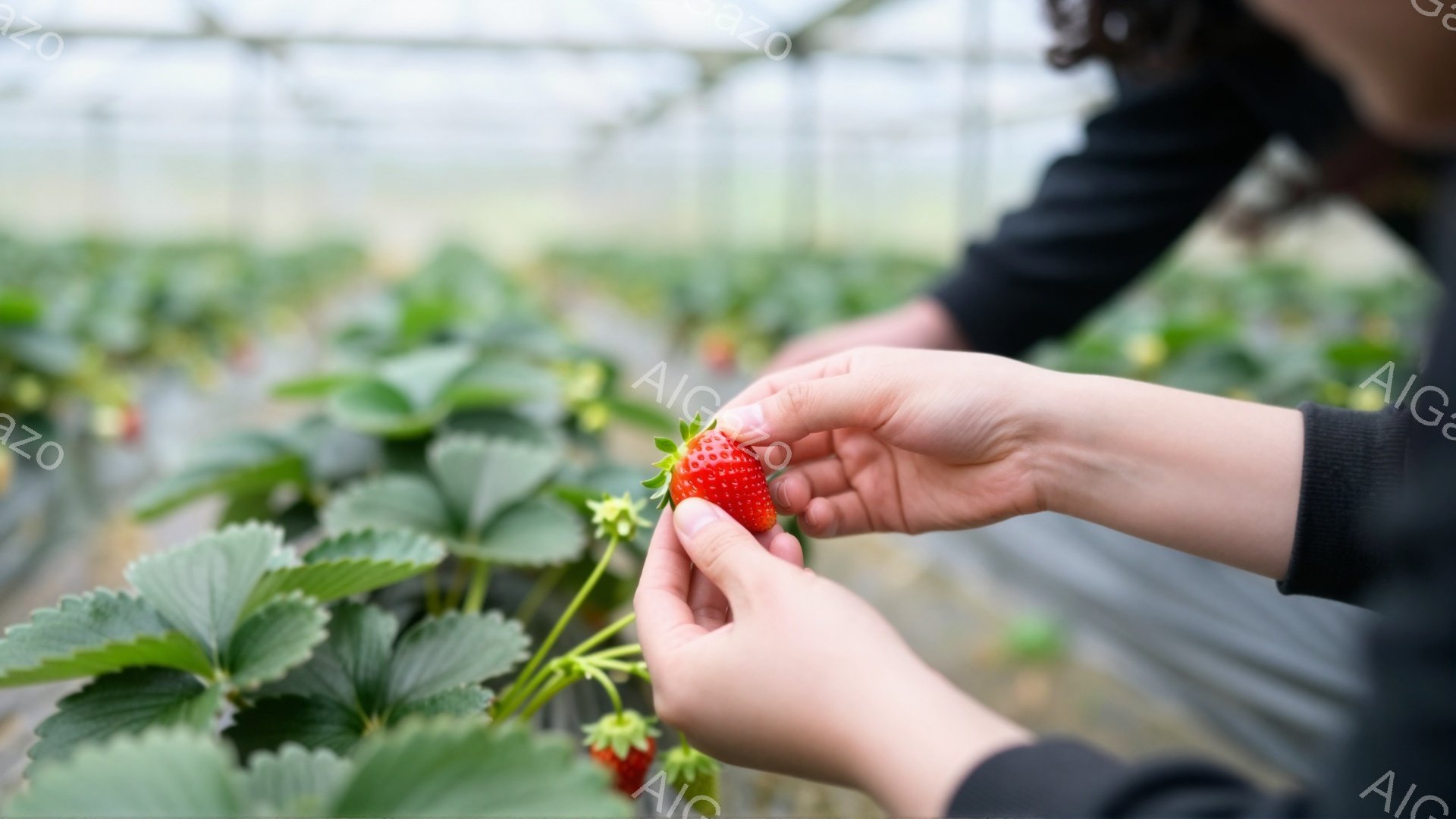 画像には、イチゴ畑でイチゴを収穫する手が写っています。手が届くイチゴは赤く熟しており、緑の葉とのコントラストが美しいです。背景には、整然と並んだイチゴの植え付けとビニールハウスの構造が見え、晴れた日の - AI生成フリー素材