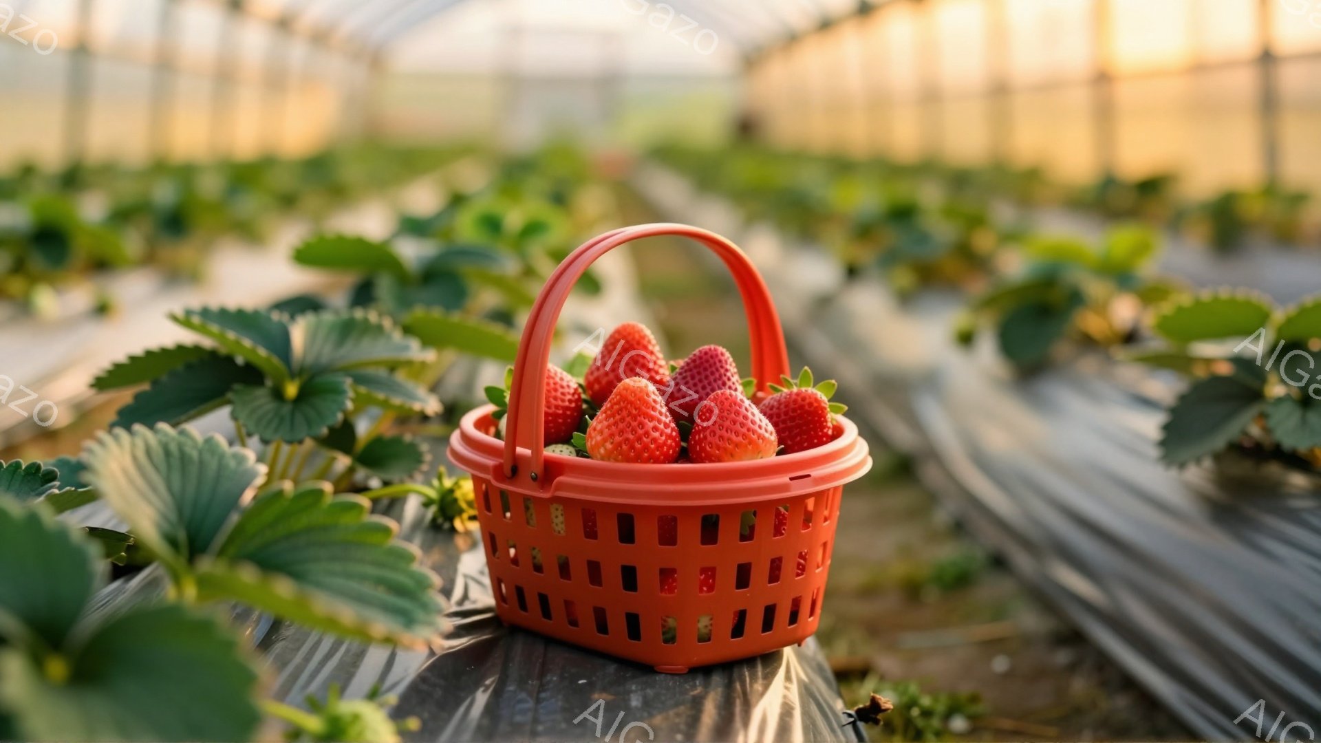 赤いプラスチック製のカゴの中に、採れたてのイチゴがぎっしりと詰まっています。カゴは黒いビニールシートの上に置かれており、周囲には緑のイチゴの葉とプランターが並んでいます。背景には、ビニールハウスの構造が見え、太陽の光が差し込み、温かい雰囲気を醸し出しています。