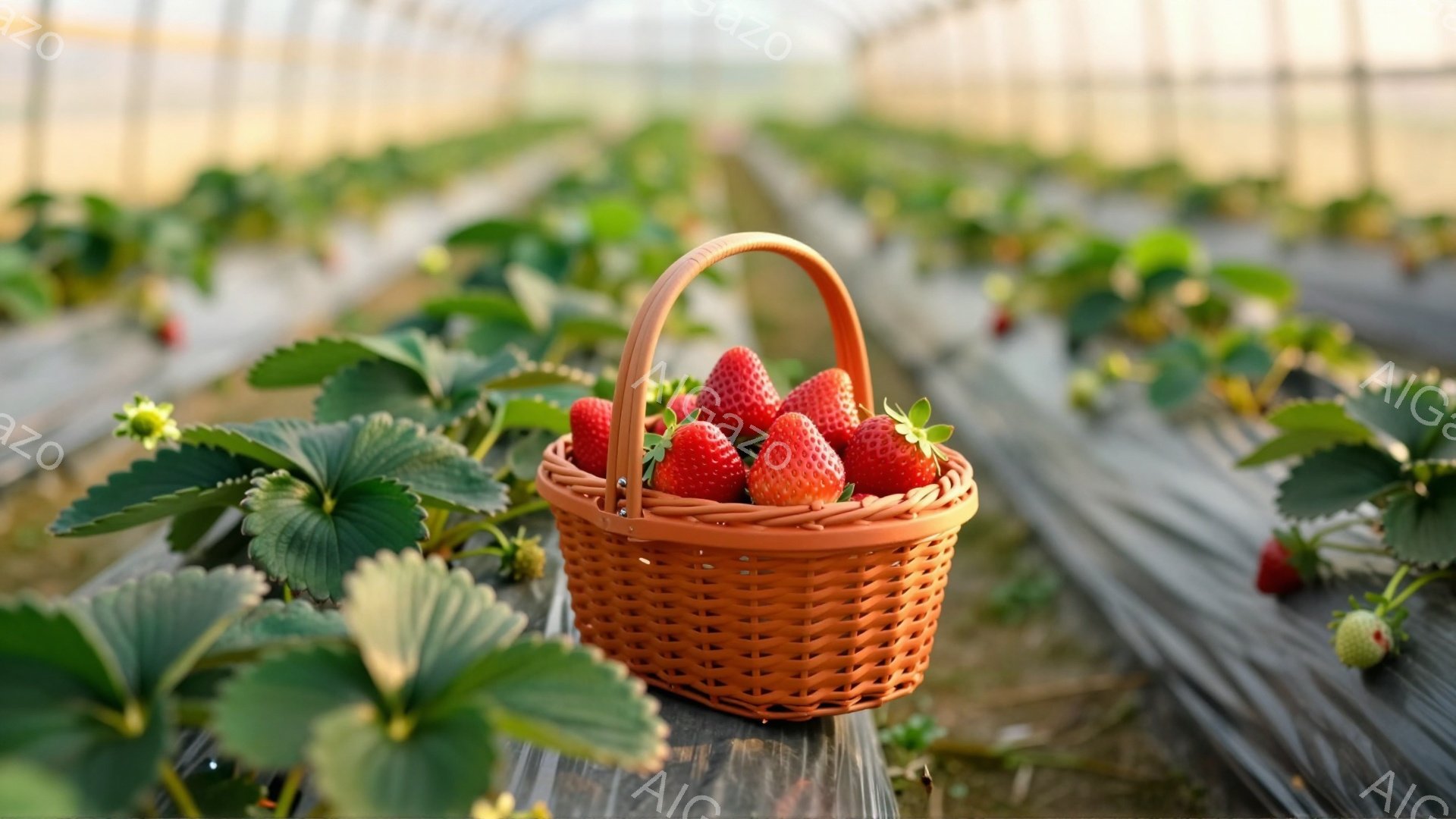 鮮やかな赤いイチゴが、編み込まれたオレンジ色のバスケットにたっぷり詰まっています。イチゴの葉がバスケットの周りを囲み、背景にはビニールハウスの畝が整然と並んでおり、イチゴ畑であることがわかります。全体的に明るく、収穫の喜びを感じさせる雰囲気です。