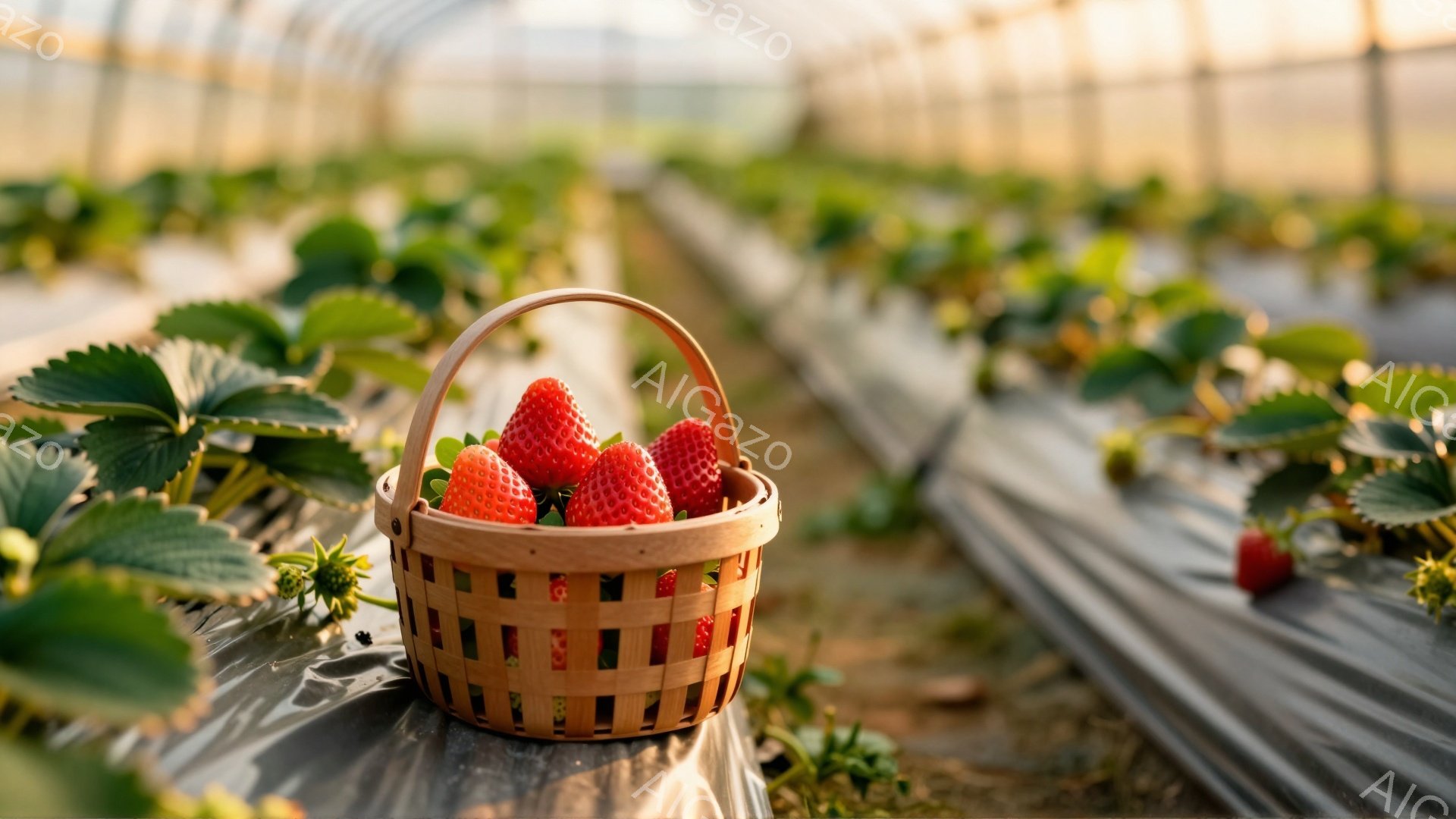 藁で編まれた小さな籠の中に、鮮やかな赤色のいちごがいくつか入っている。背景には、ビニールで覆われたいちご栽培の畝が整然と並び、温室のような空間であることがわかる。全体的に明るく、収穫の喜びを感じさせる、のどかな雰囲気である。