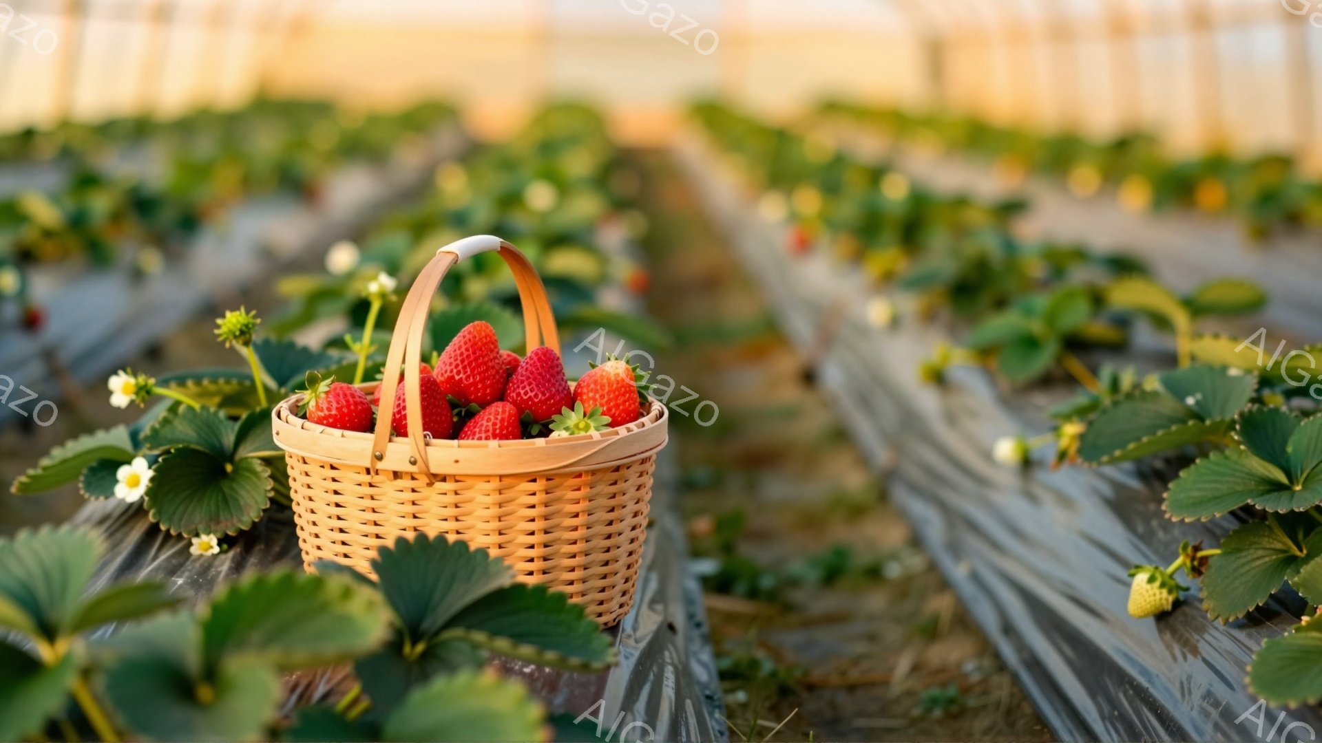 藁で編まれたバスケットが、イチゴ畑の畝上に置かれている。赤く熟したイチゴがバスケットにぎっしりと詰まっており、緑の葉とのコントラストが美しい。背景には、ビニールで覆われた畝が規則的に並び、明るい光が差 - AI生成フリー素材