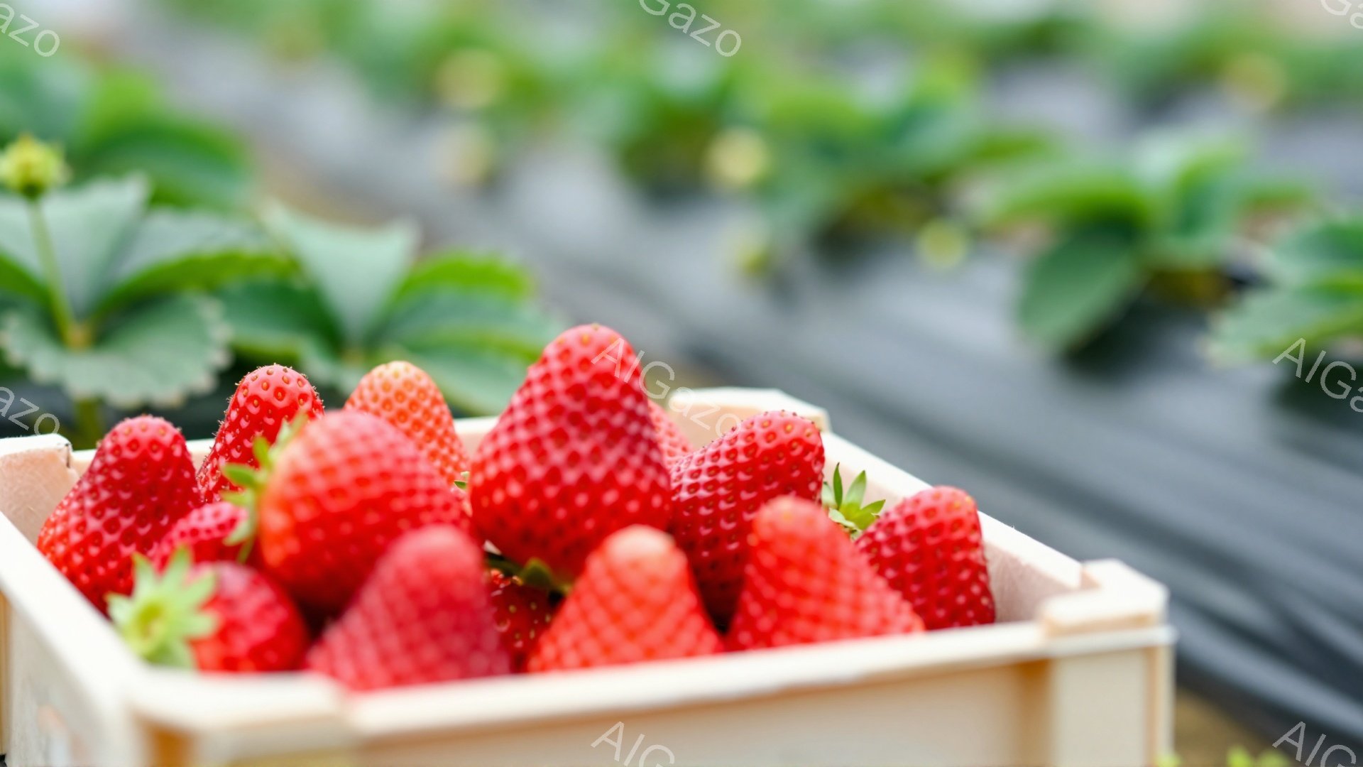 鮮やかな赤色のいちごが、木製の小さな箱にぎっしりと詰まっています。背景には、黒いビニールシートが敷かれたいちご畑が広がり、緑の葉がちらほら見えます。全体的に明るく、採れたての新鮮な果実の雰囲気を感じさせる、のどかな光景です。