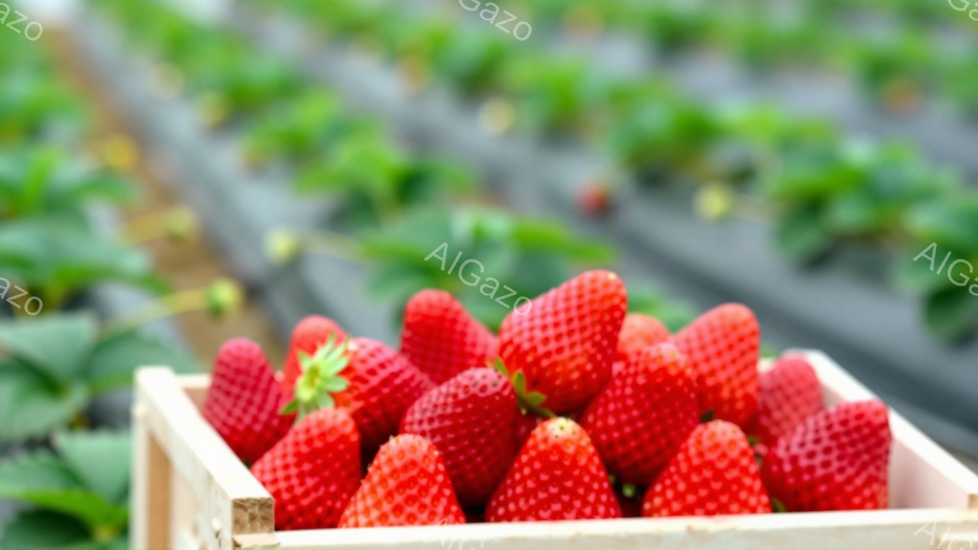 赤く熟したイチゴが木製の箱にぎっしりと詰まっています。背景には、ビニールで覆われたイチゴ畑が広がり、整然とした畝が確認できます。全体的に明るく、豊作を予感させる、活気のある雰囲気です。