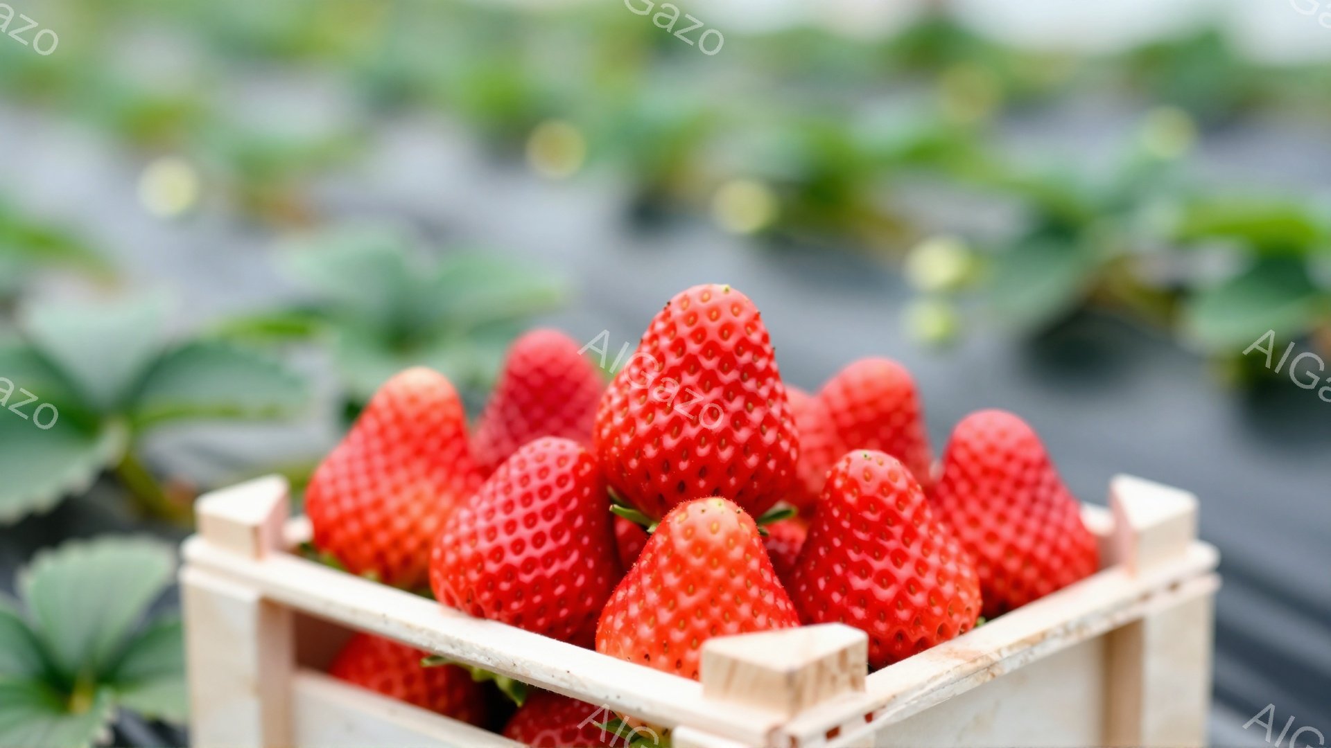 鮮やかな赤いイチゴが、木製の小さな箱にぎっしりと詰まっています。背景には、黒いビニールシートが敷かれたイチゴ畑が広がり、緑の葉が点在しています。全体的に、収穫されたばかりの新鮮なイチゴの瑞々しさと、畑 - AI生成フリー素材