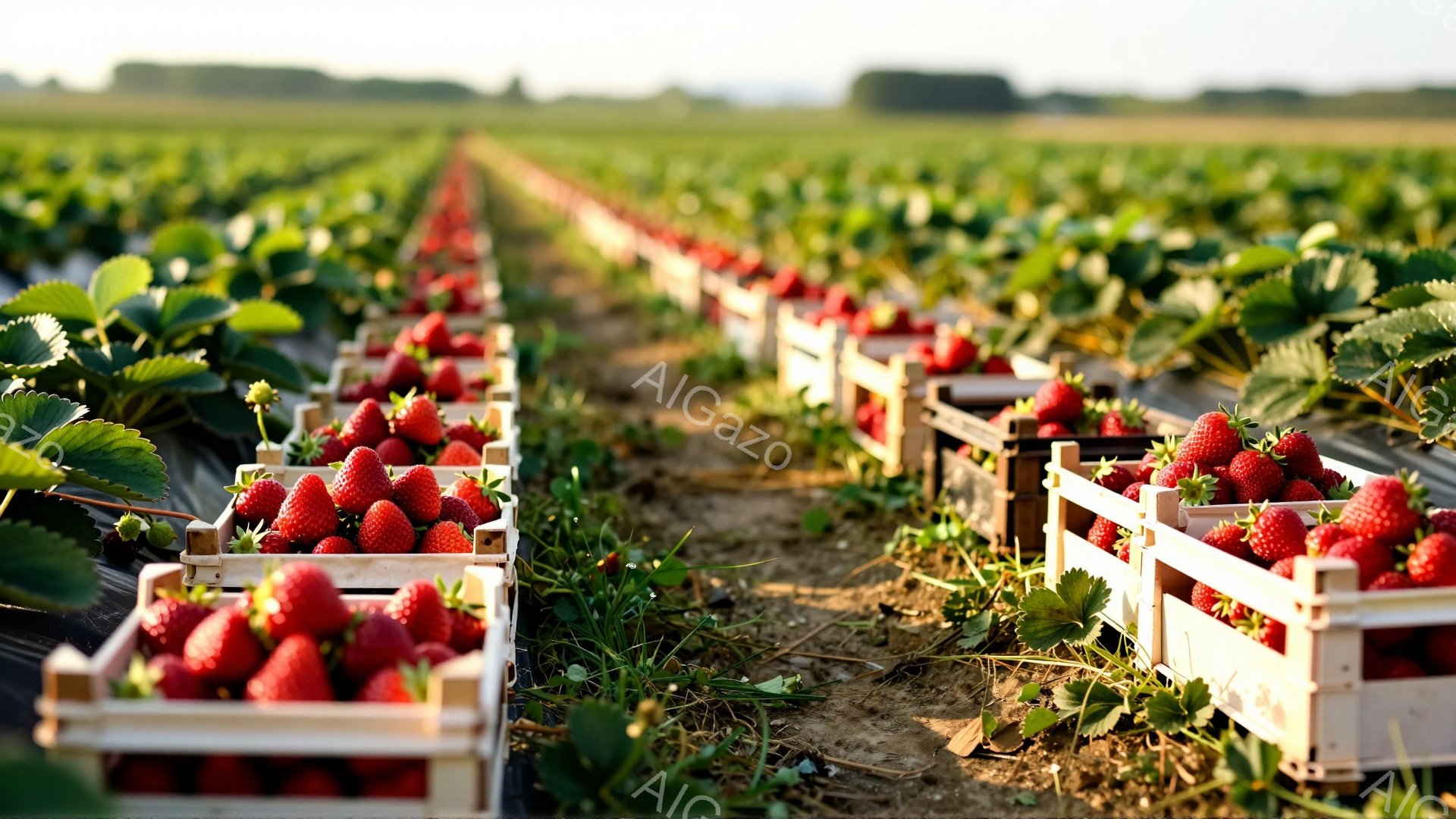 広大なイチゴ畑が、整然と並んだ白い木箱に赤いイチゴがぎっしりと詰まっており、収穫の喜びを感じさせる光景です。黒いビニールシートで覆われた畝の間には雑草が生え、遠くには緑豊かな自然が広がっています。晴れた日の穏やかな光が畑全体を照らし、豊穣さと暖かさを表現しています。
